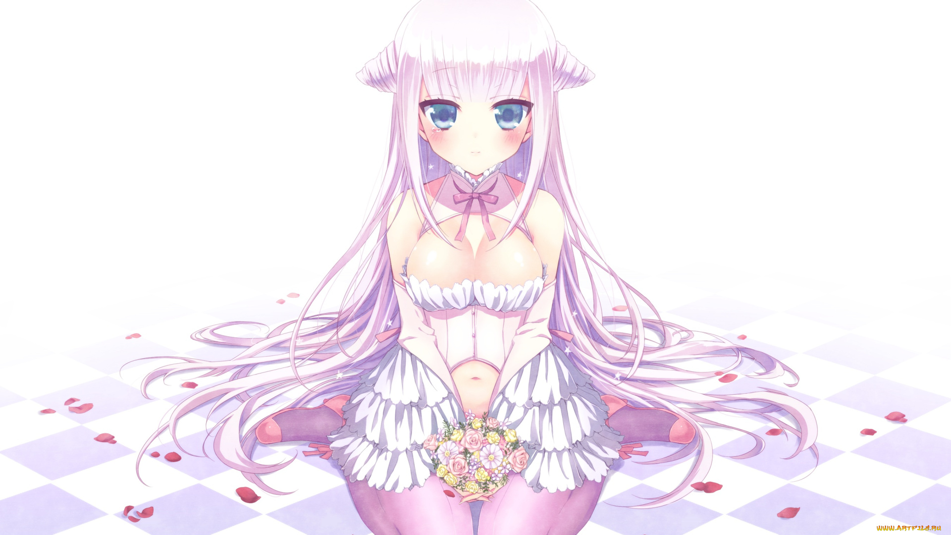 аниме, unknown, , другое, букет, клетчатый, пол, цветы, сидит, платье, девушка