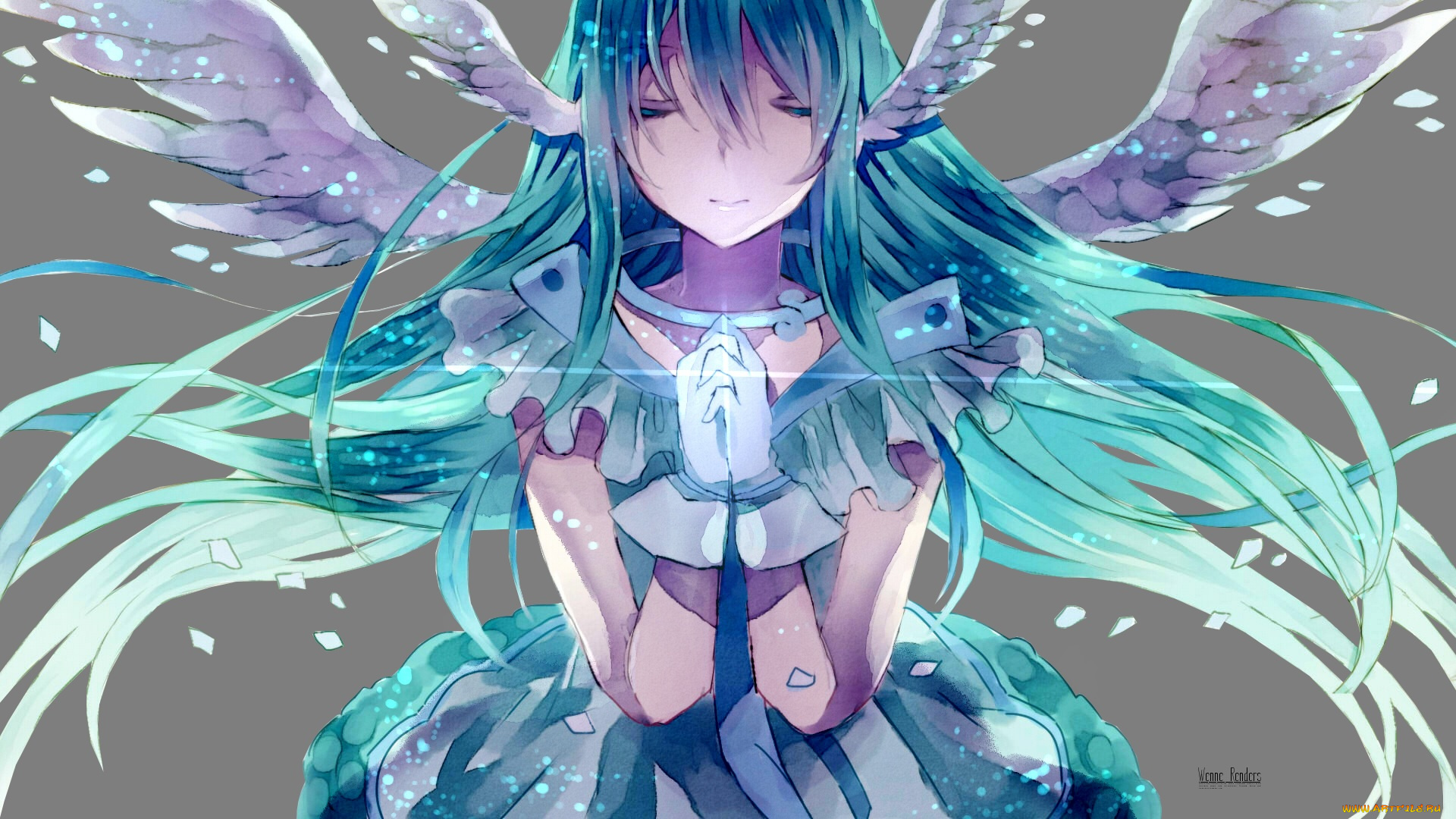 аниме, vocaloid, девушка, крылья, hatsune, miku