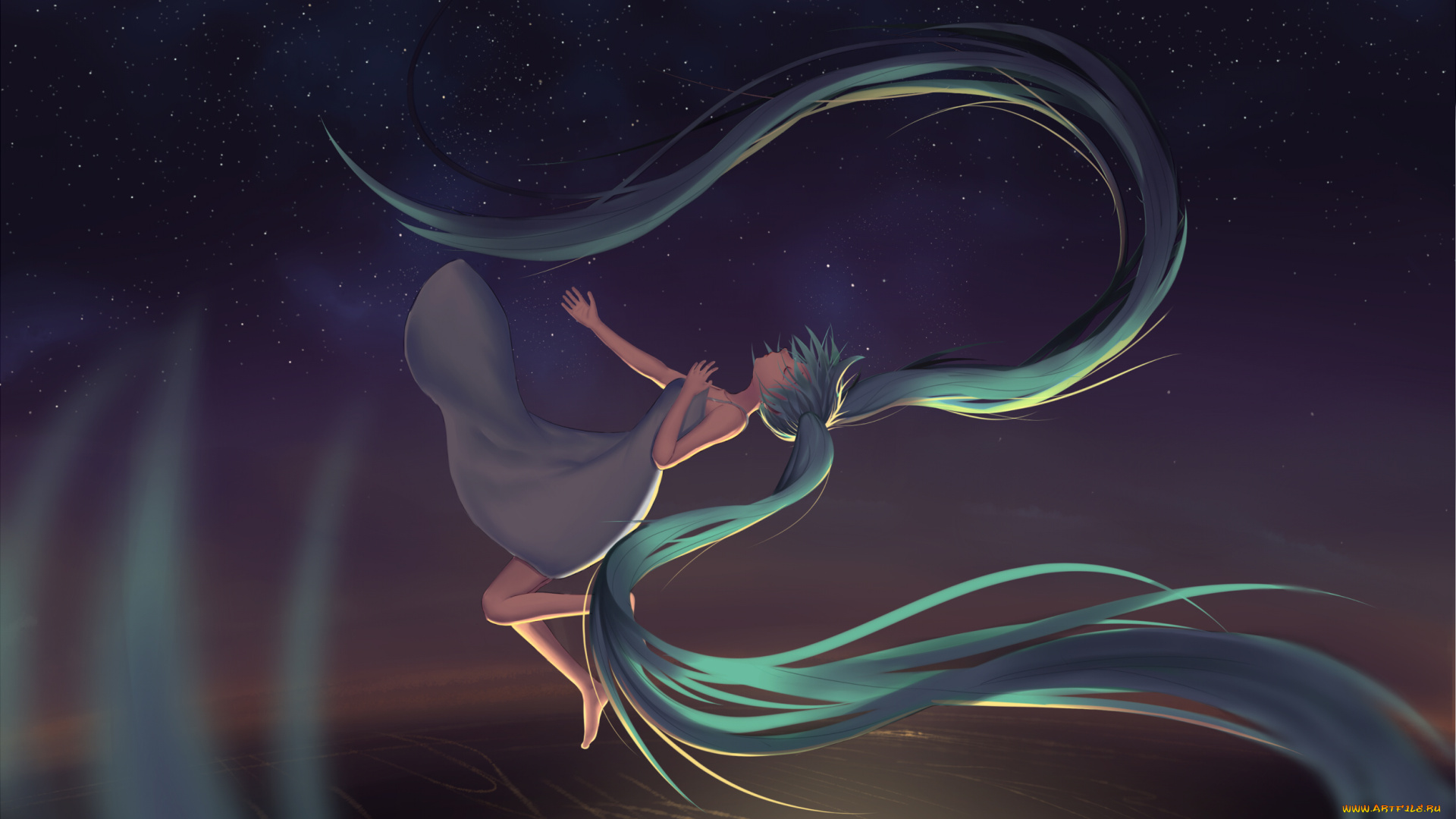аниме, vocaloid, город, волосы, ночь, арт, девушка, падение, hatsune, miku