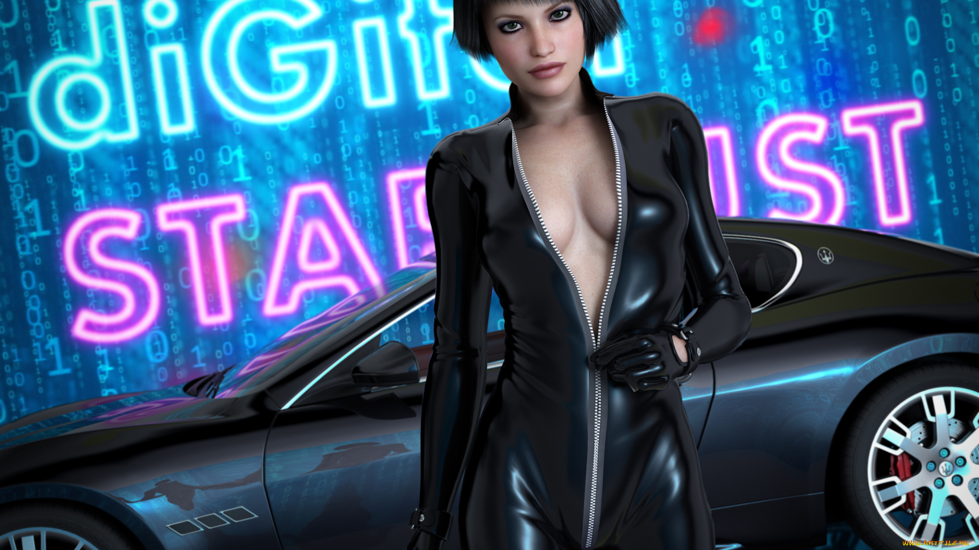 автомобили, 3d, car&girl, фон, взгляд, автомобиль, девушка