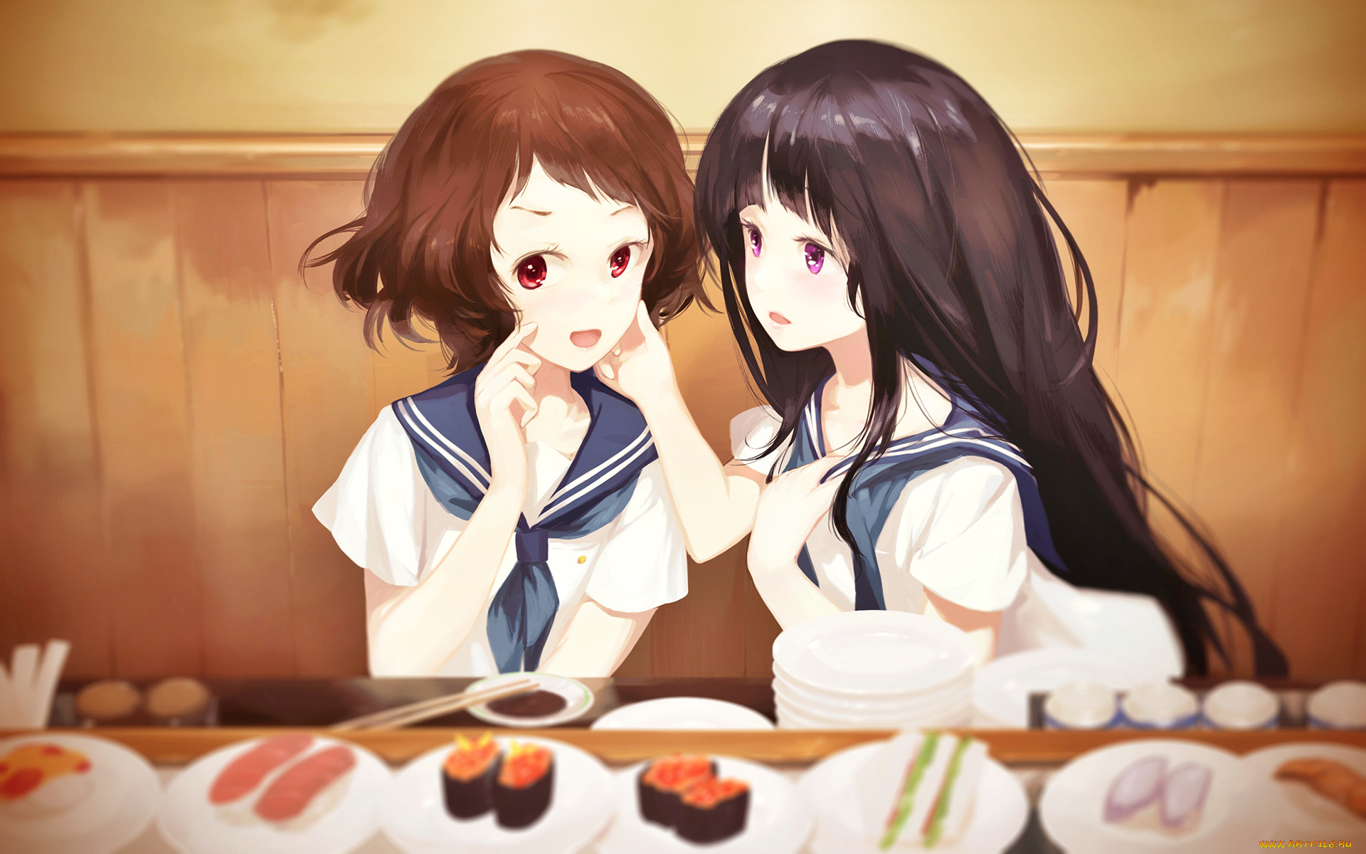 аниме, hyouka, chitanda, eru, ibara, mayaka, jq, стол, еда, арт, девушки