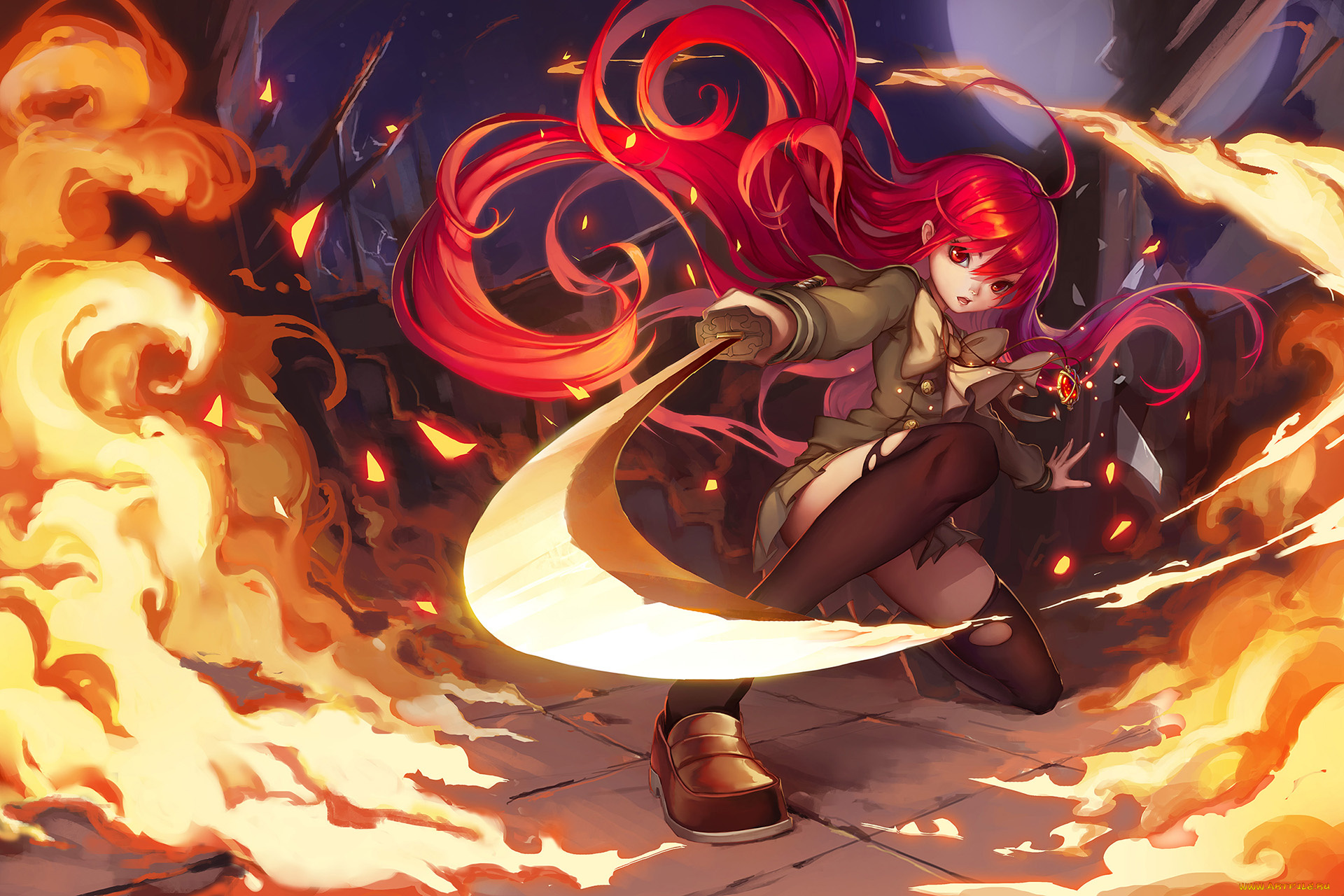 аниме, shakugan, no, shana, shakugan, no, shana, рыжая, девушка, арт, огонь, меч, loewy