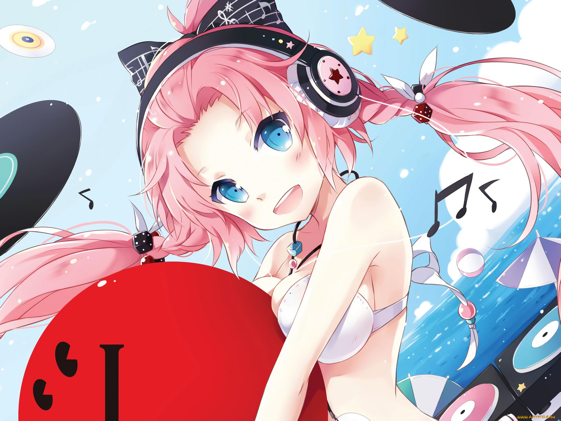 аниме, музыка, мяч, девочка, арт, nyanya, наушники, пляж