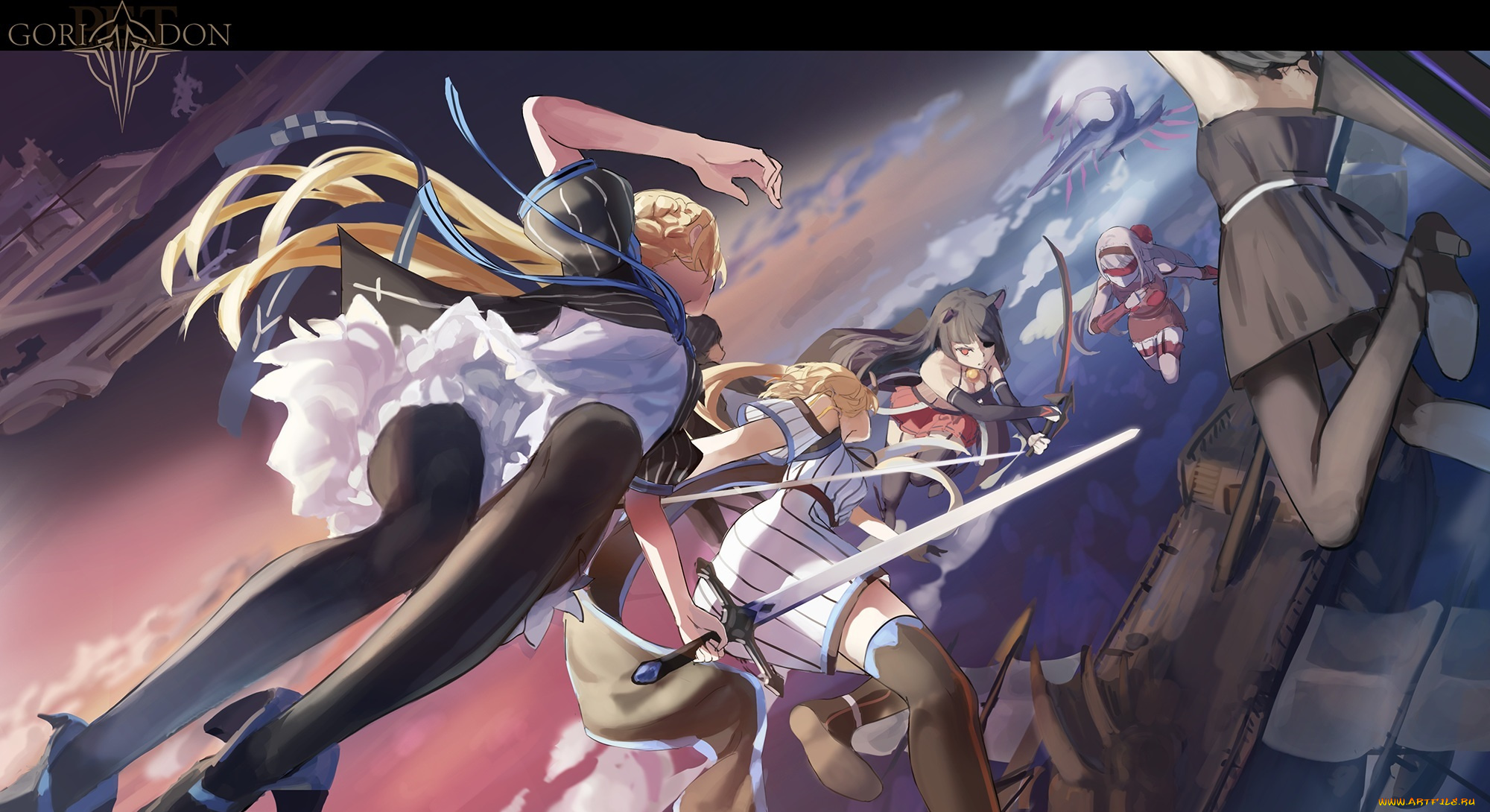 аниме, pixiv, fantasia, облака, небо, сражение, девушки, корабль, pixiv, fantasia, арт, shuang-ye