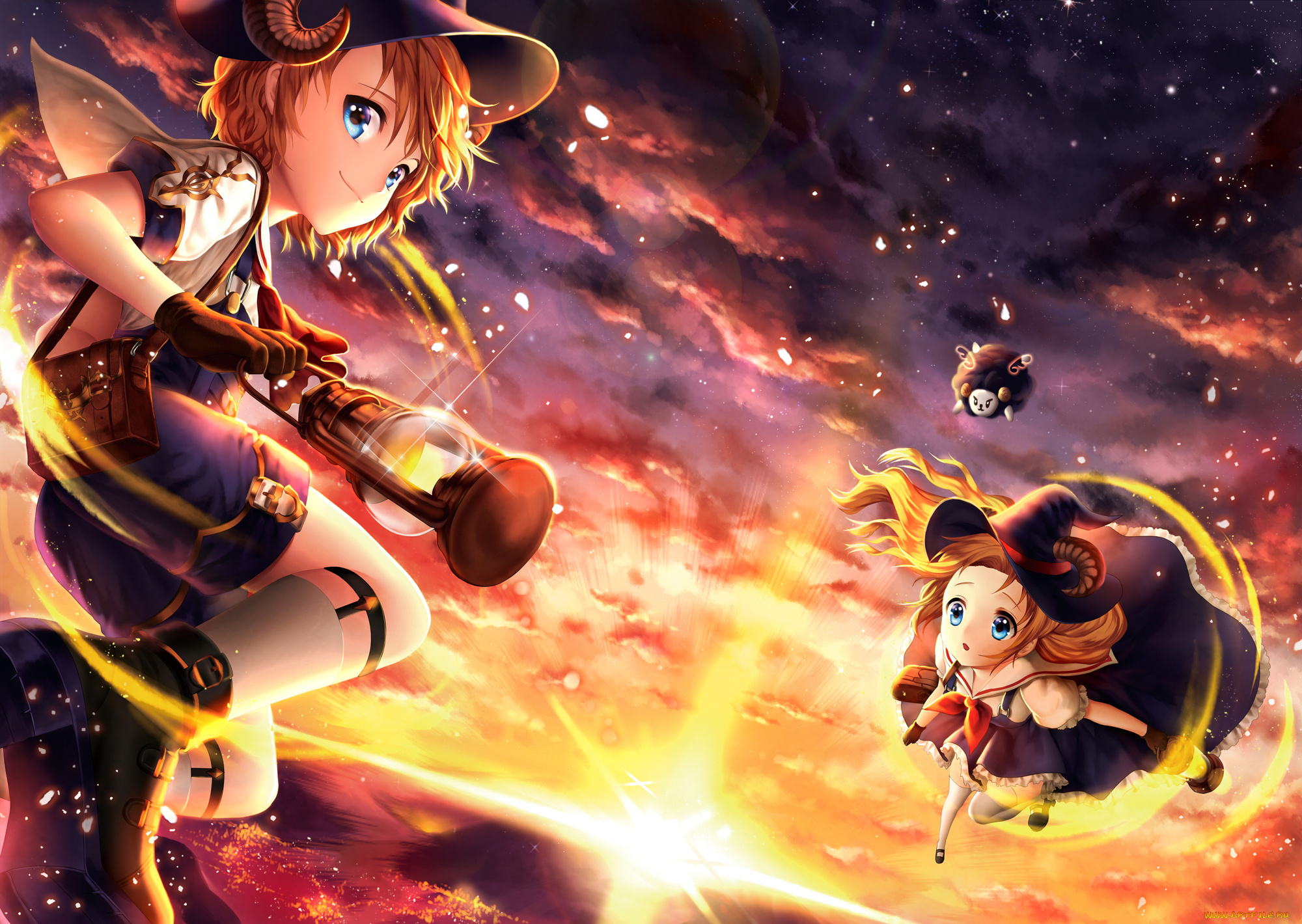 аниме, магия, , колдовство, , halloween, девушки, барашек, фонарь, закат, небо, laejjo