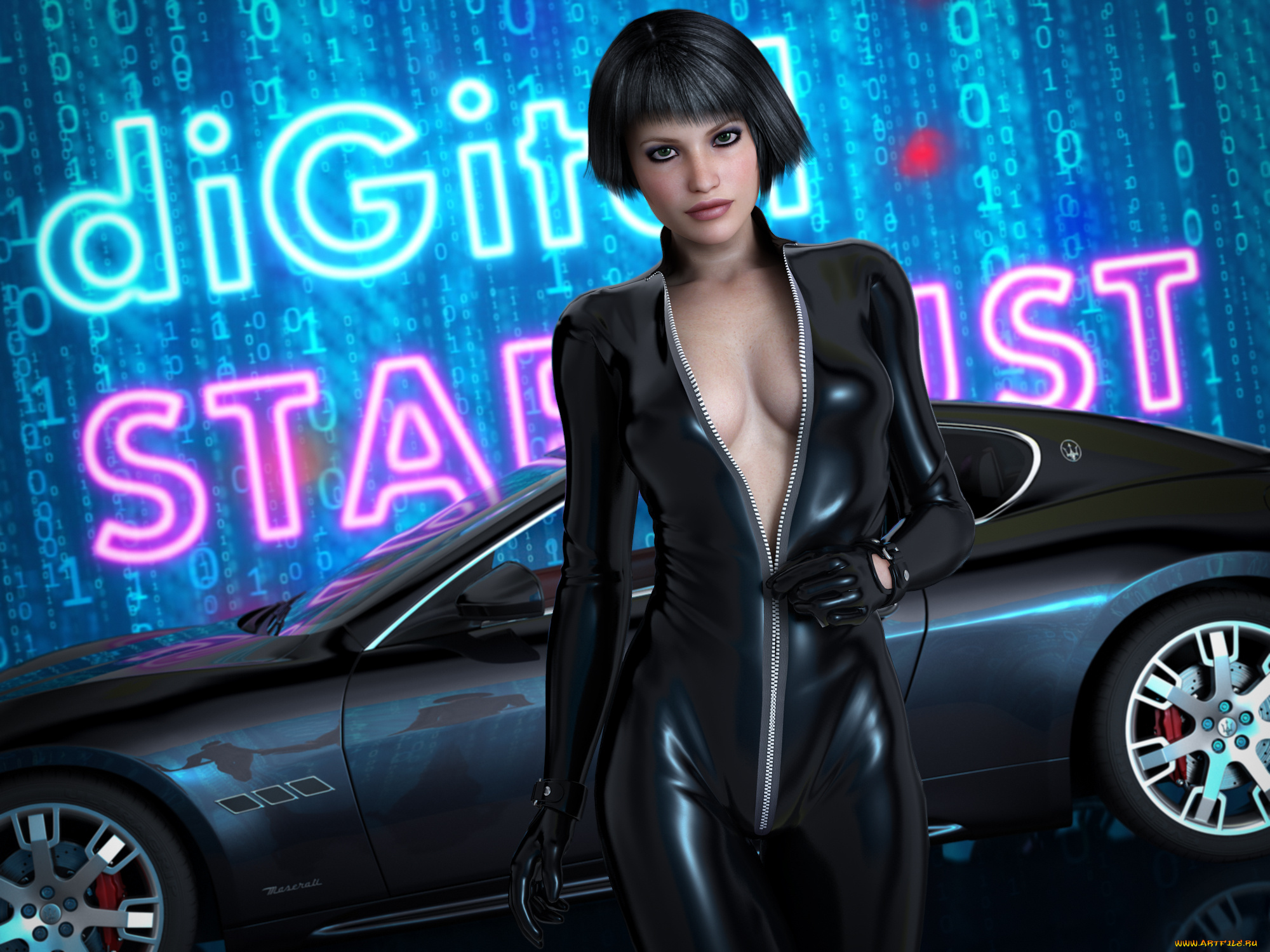 автомобили, 3d, car&girl, фон, взгляд, автомобиль, девушка