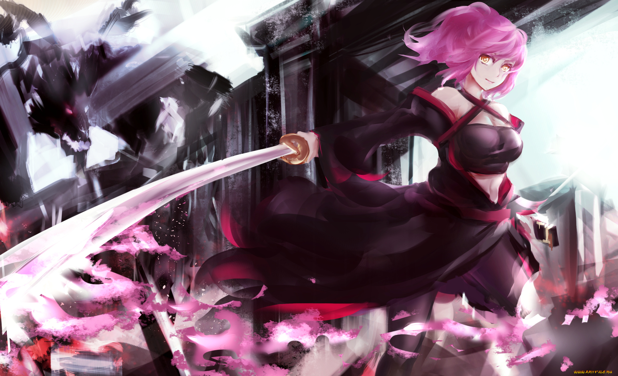 аниме, pixiv, fantasia, девушка, монстр, pixiv, fantasia, дракон, меч, платье