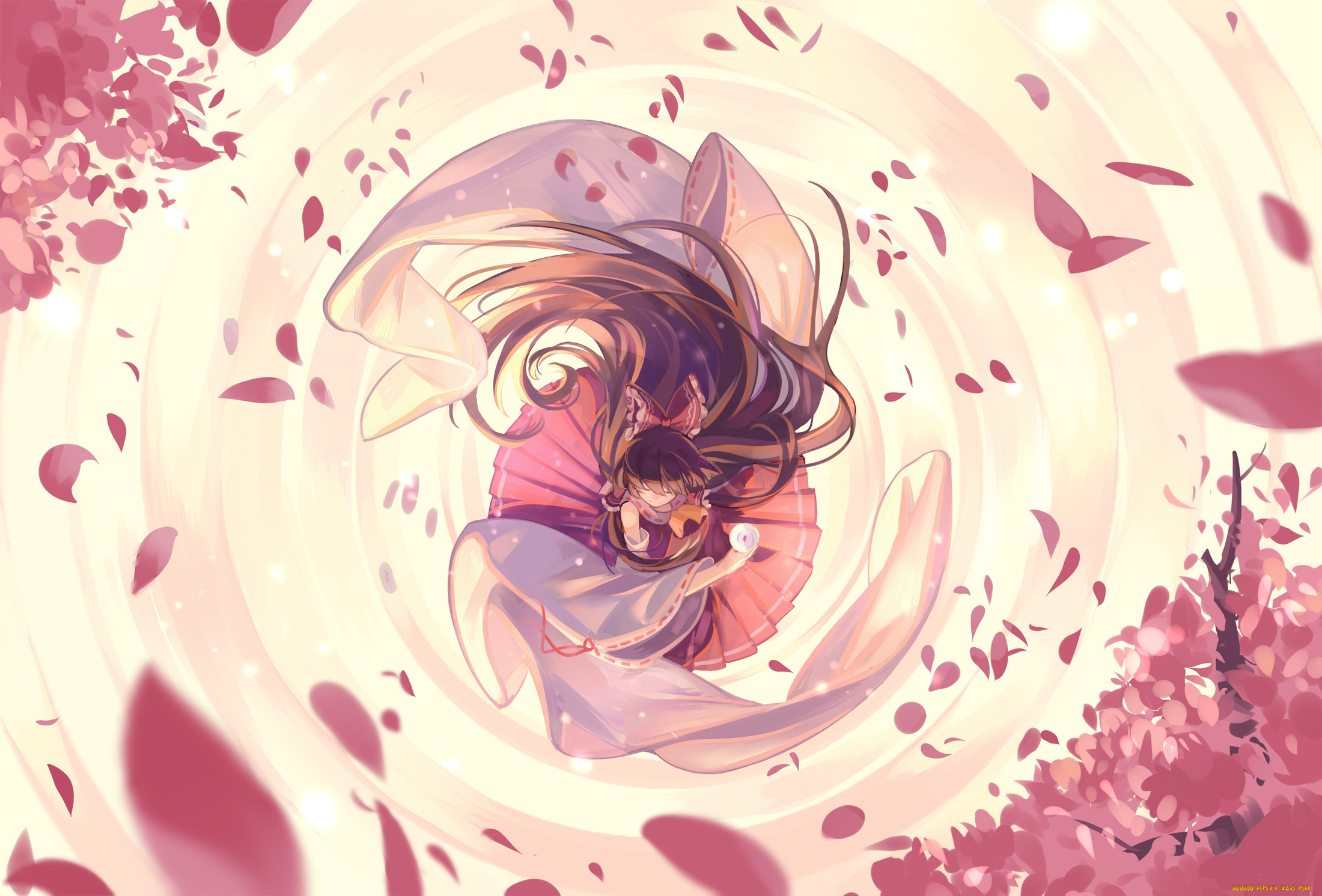 аниме, touhou, hakurei, reimu, девушка, лепестки, zicai, tang, волосы, платье