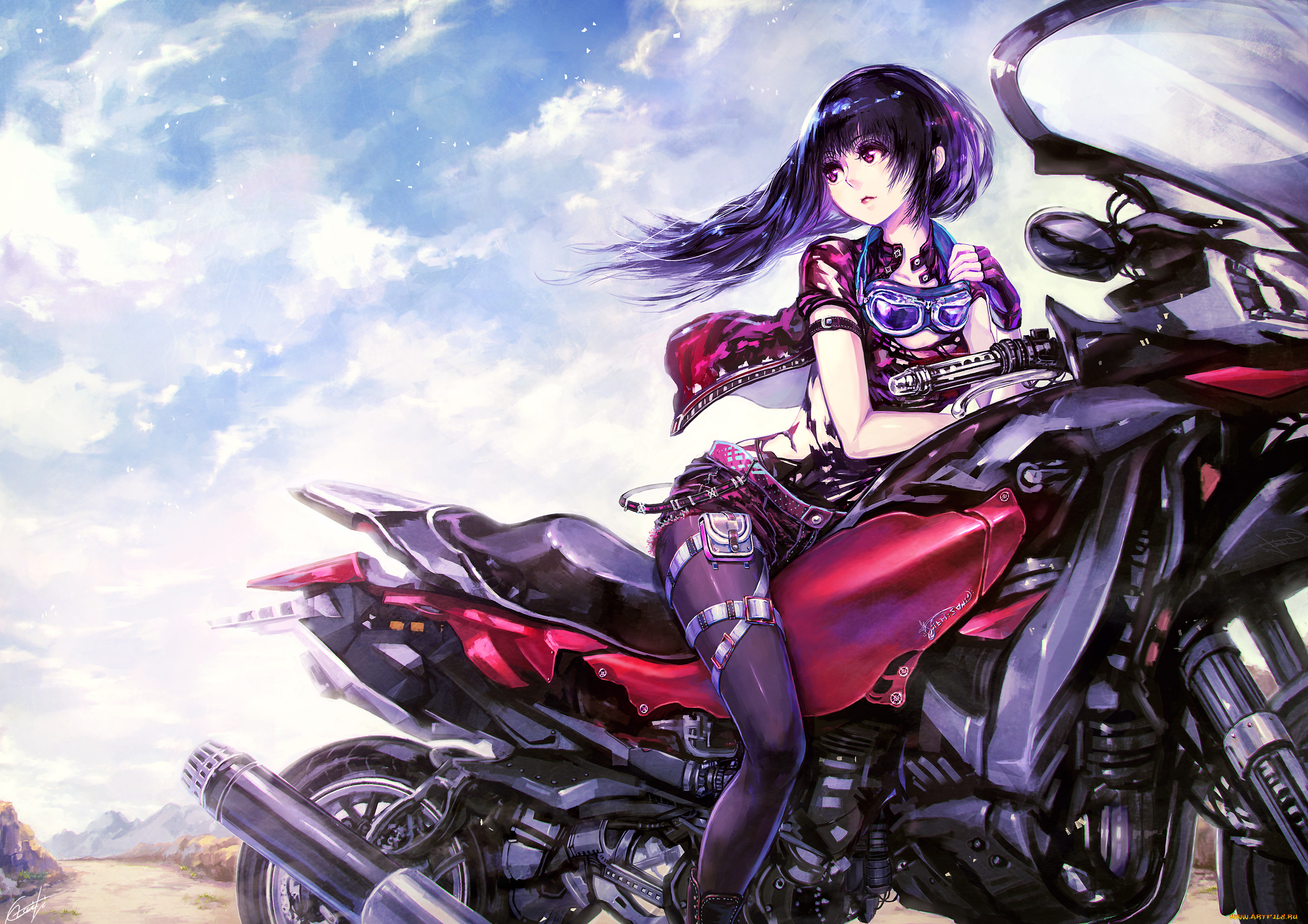 аниме, оружие, , техника, , технологии, девушка, арт, artist, tagme, брюнетка, облака, небо, мотоцикл