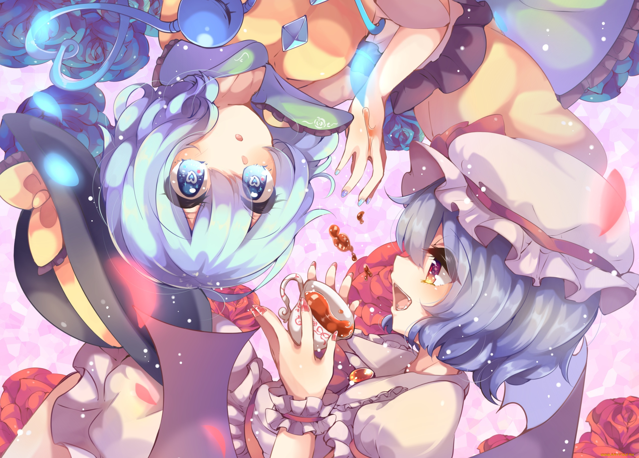 аниме, touhou, remilia, scarlet, kaenuco, чашка, komeiji, satori, чай, девочки, арт