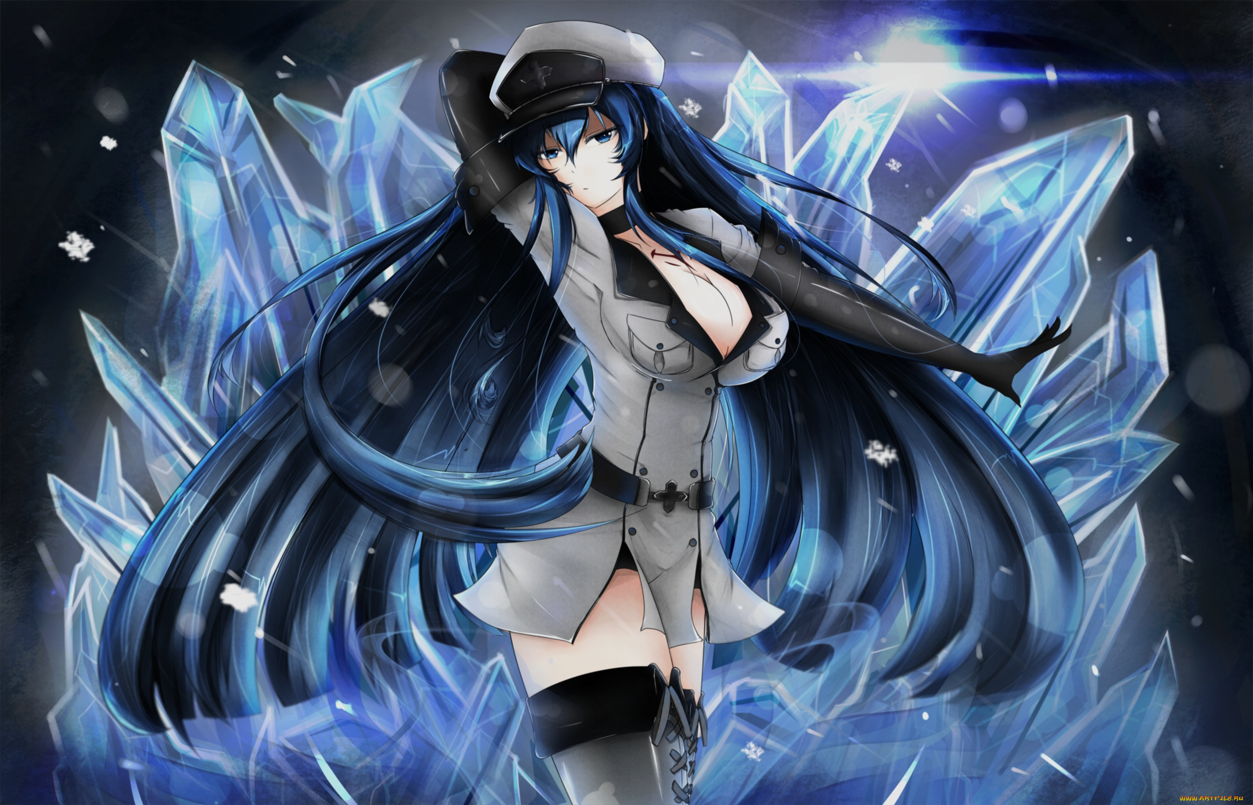 аниме, akame, ga, kill, брюнетка, девушка, esdeath, арт, raizo35, aqua, blue, akame, ga, kill