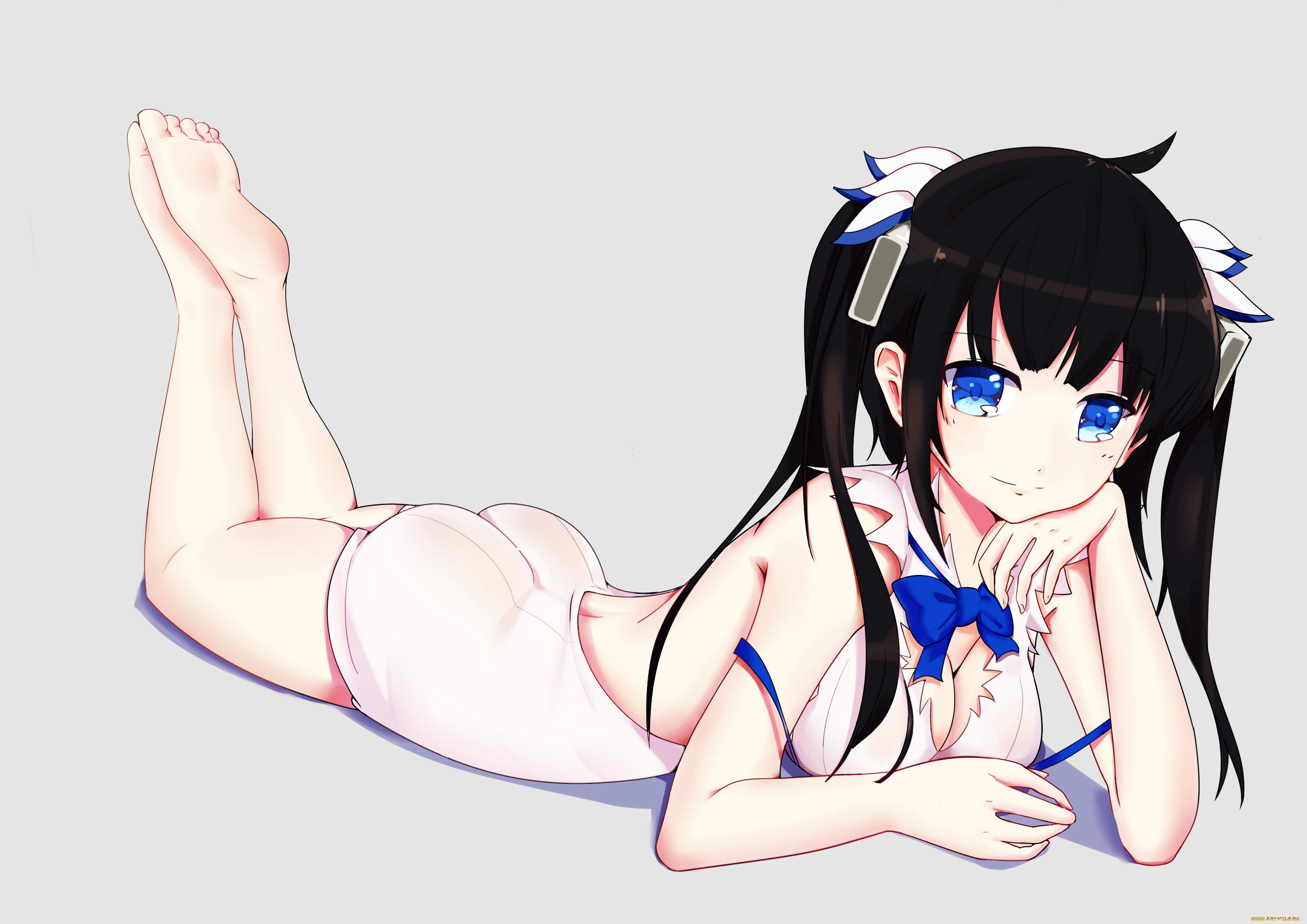 аниме, danmachi, hestia, брюнетка, взгляд, девушка, бант