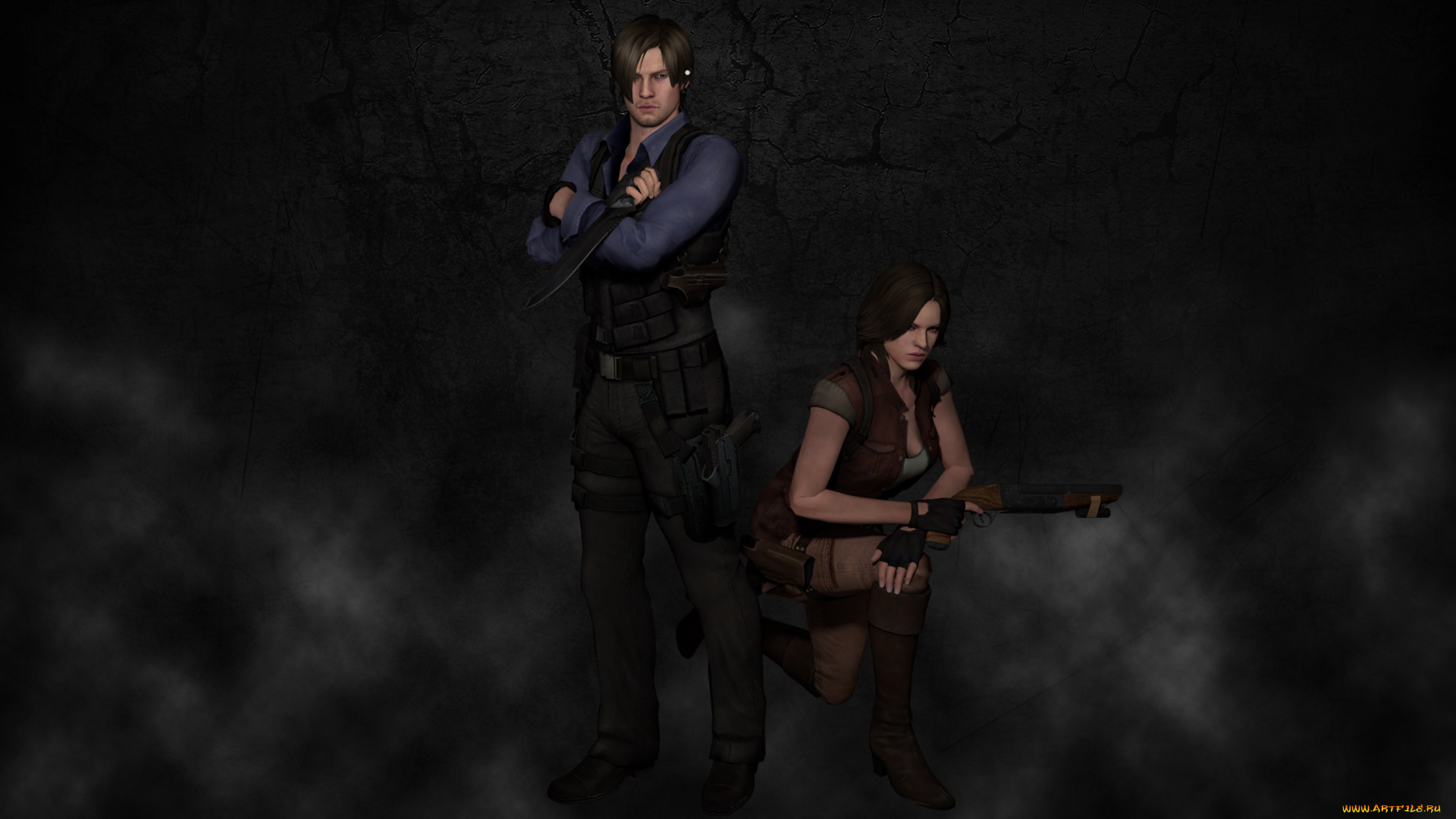 3д, графика, фантазия, , fantasy, фон, взгляд, девушка, парень, оружие