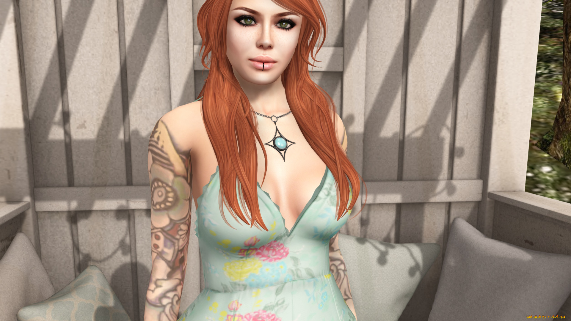 3д, графика, люди, , people, рыжая, фон, взгляд, девушка