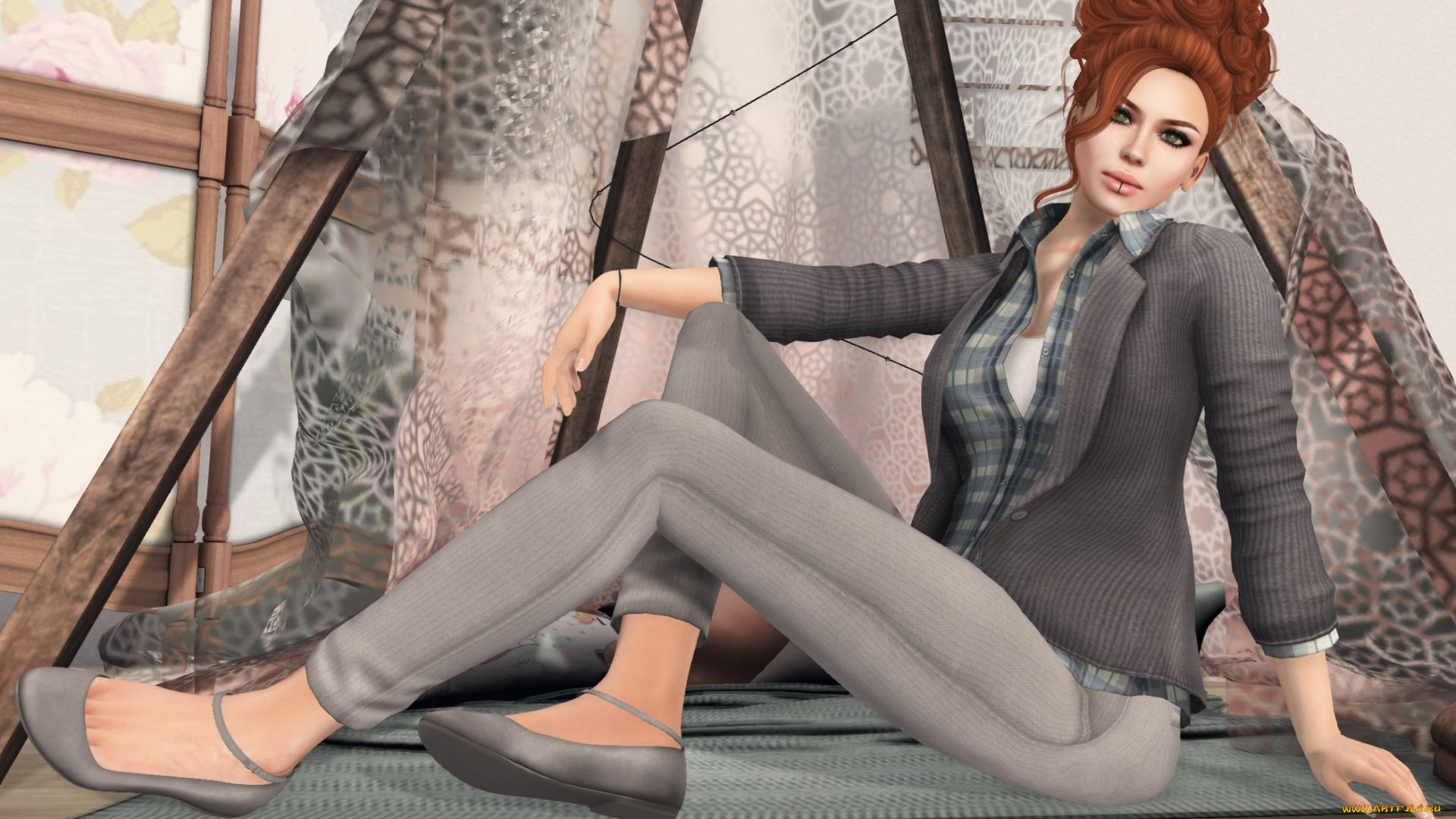 3д, графика, люди, , people, взгляд, девушка, рыжая, фон