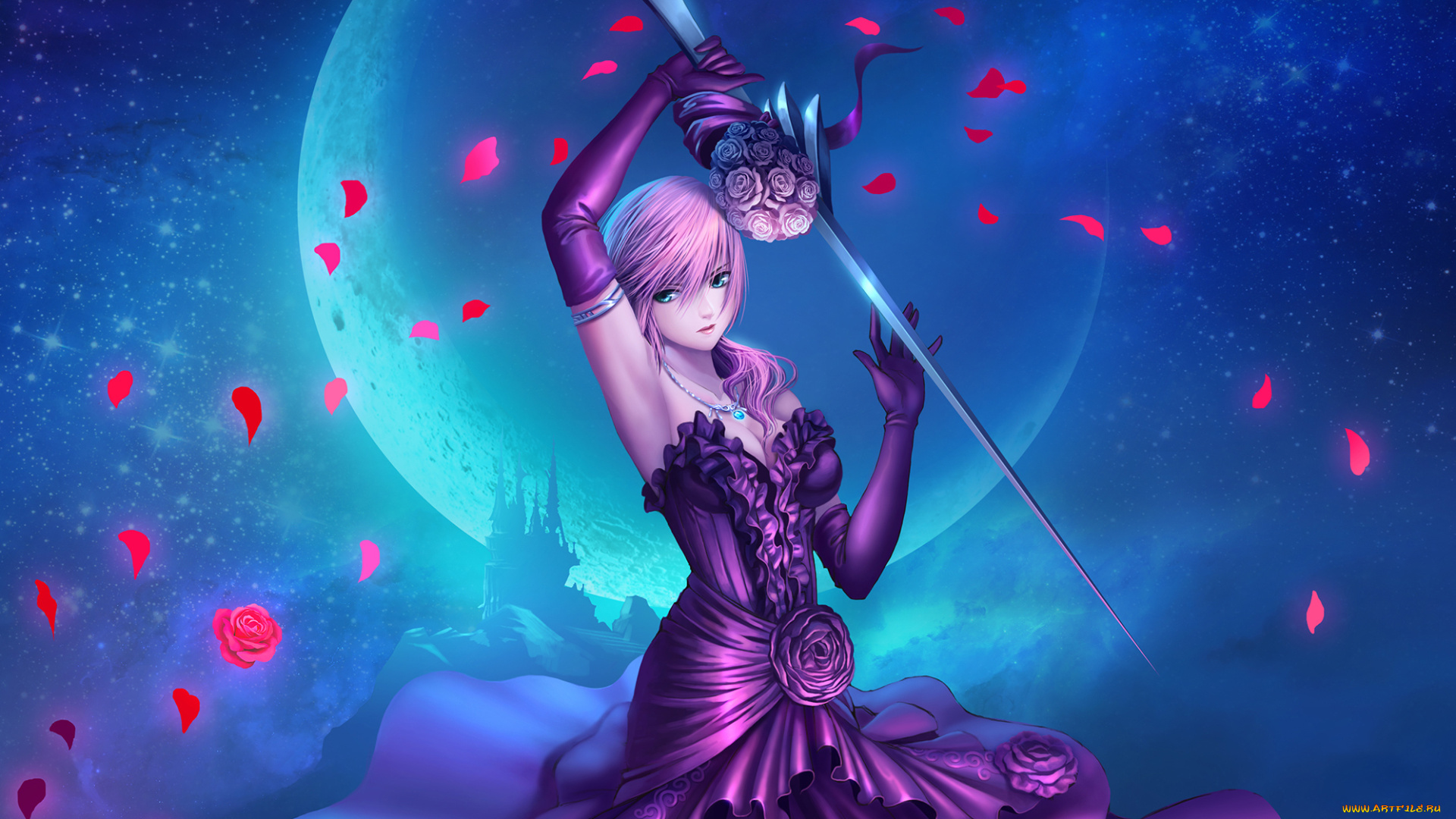аниме, final, fantasy, final, fantasy, xiii, арт, оружие, лепестки, роз, платье, луна, ночь, игра, девушка