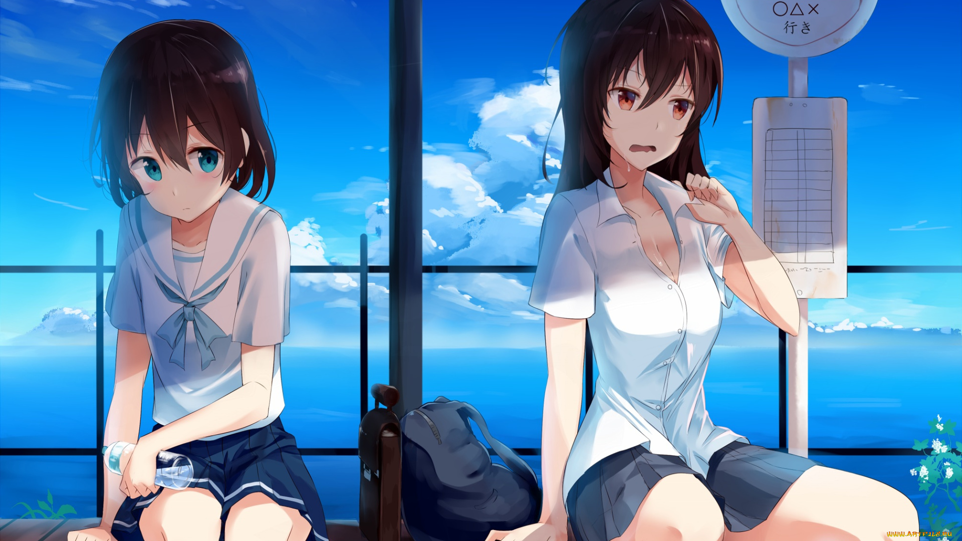 аниме, город, , улицы, , здания, девушки