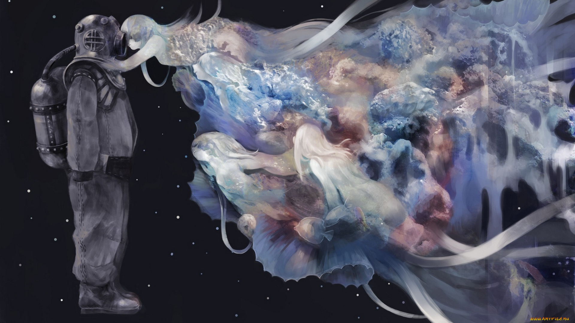 аниме, unknown, , другое, космонавт, девушки, скафандр, kerumu, ленты, рыбки, арт