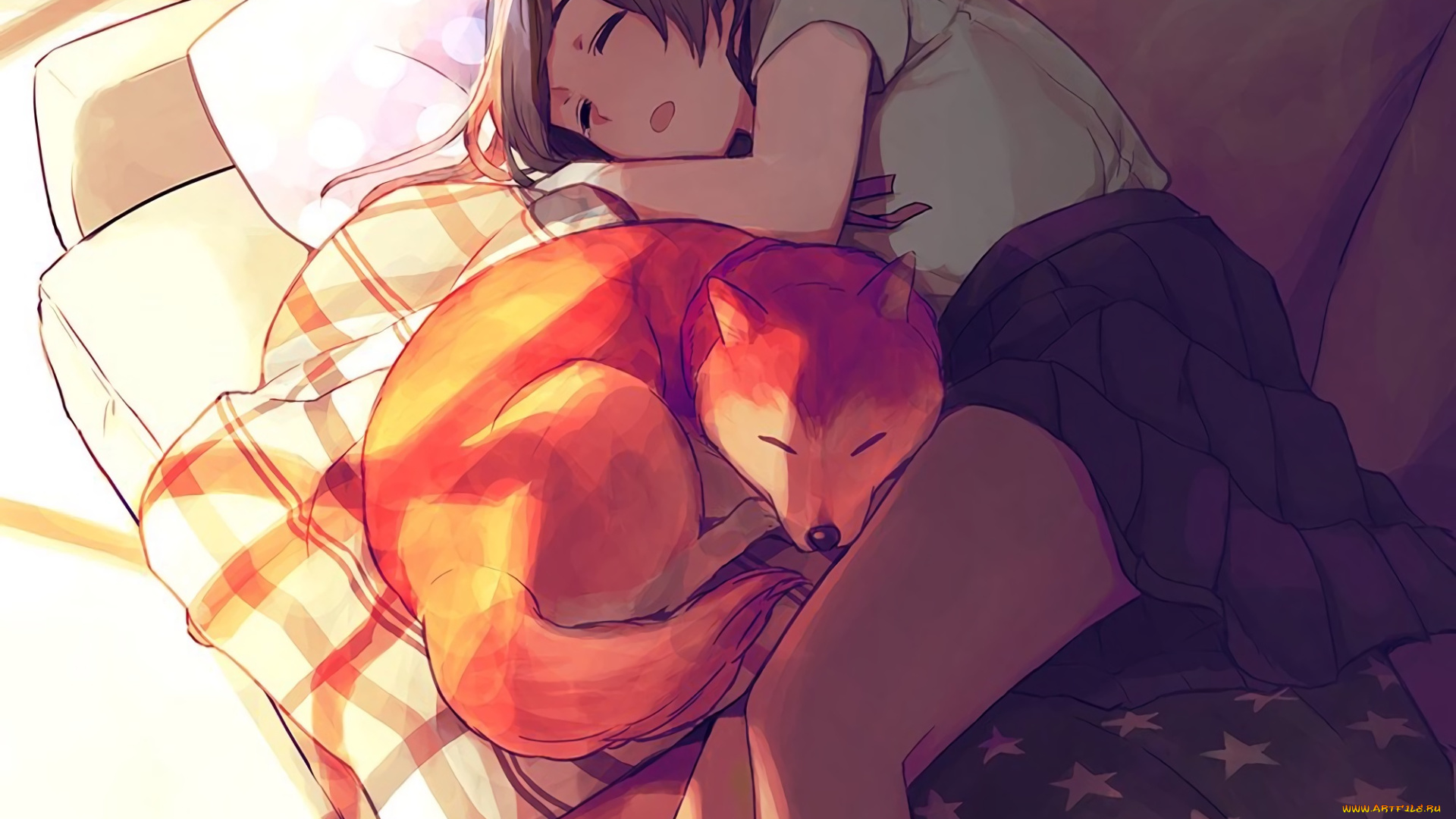 аниме, животные, , существа, девушка, сон, собака