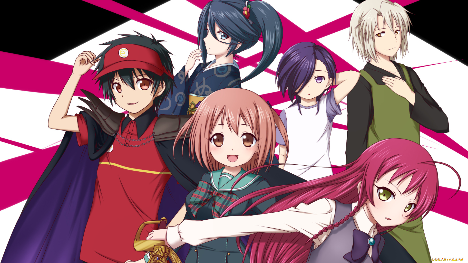 hataraku, maou-sama, аниме, взгляд, девушки, фон