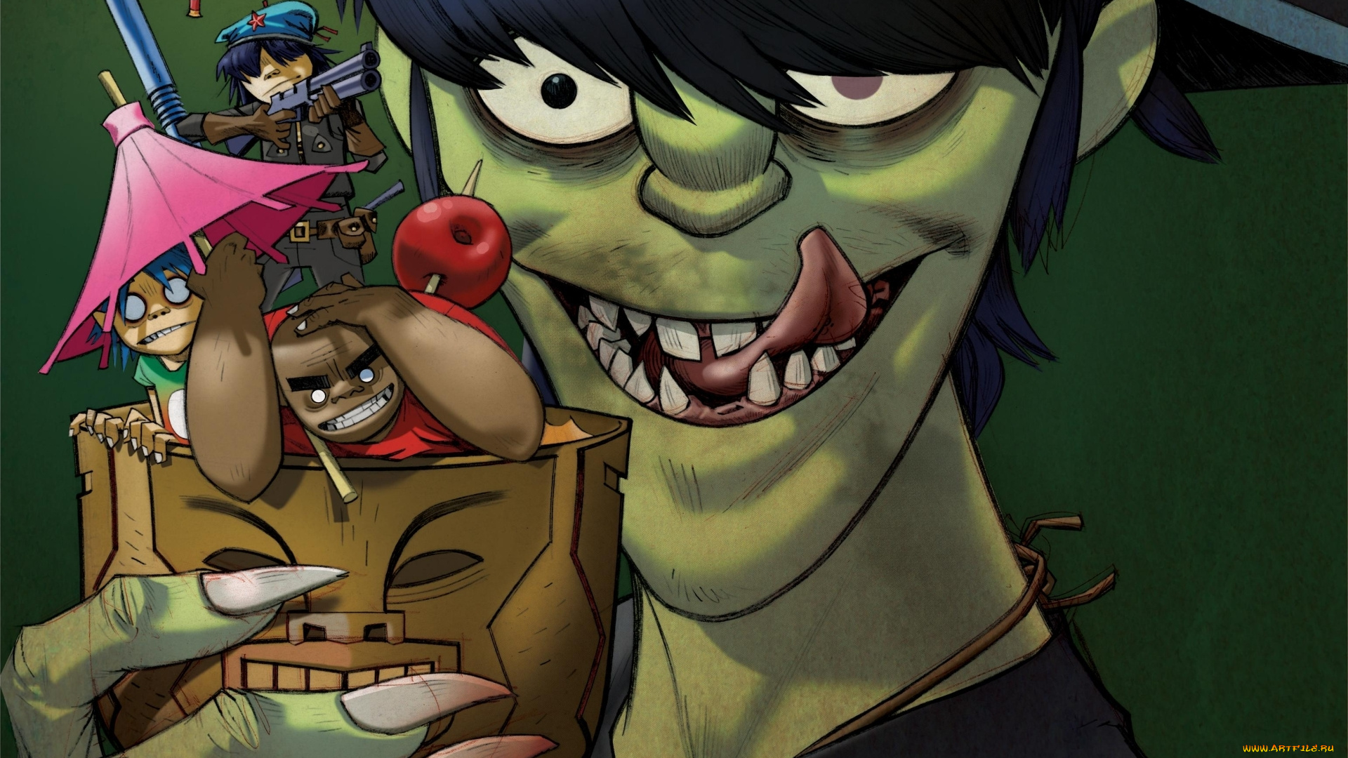 музыка, gorillaz, noodle, murdoc, 2d, коктель, зонтик, russel, plastic, beach, группа, нудл, мёрдок, рассел, гориллаз
