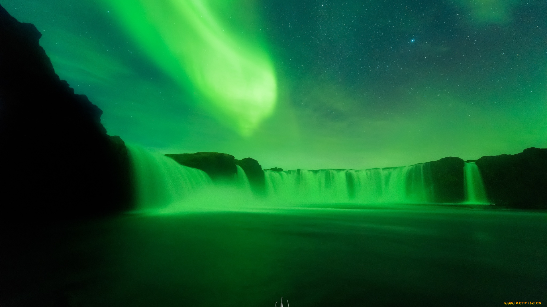 природа, северное, сияние, исландия, водопад, северное, сияние