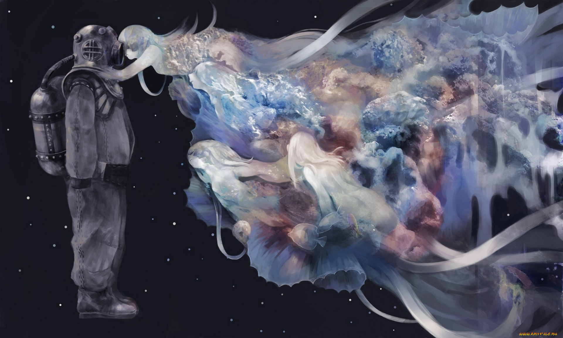 аниме, unknown, , другое, космонавт, девушки, скафандр, kerumu, ленты, рыбки, арт