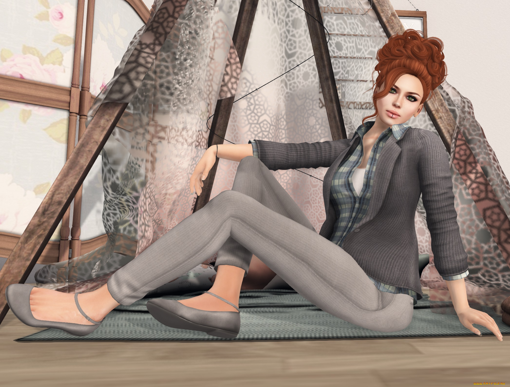 3д, графика, люди, , people, взгляд, девушка, рыжая, фон