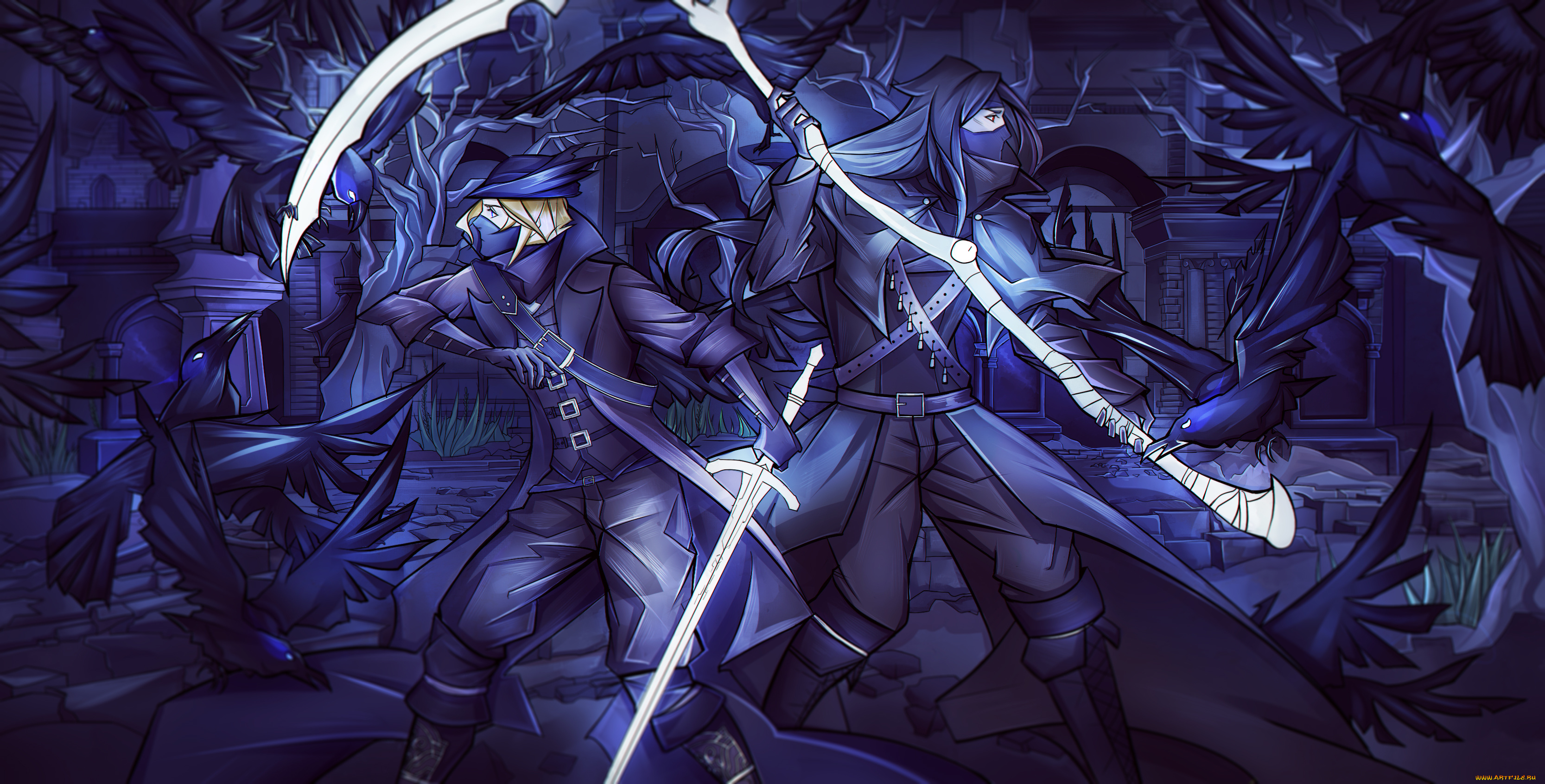 видео, игры, bloodborne, плащ, птицы, вороны, кома, ворон, арт, охотник, меч, маска, шляпа