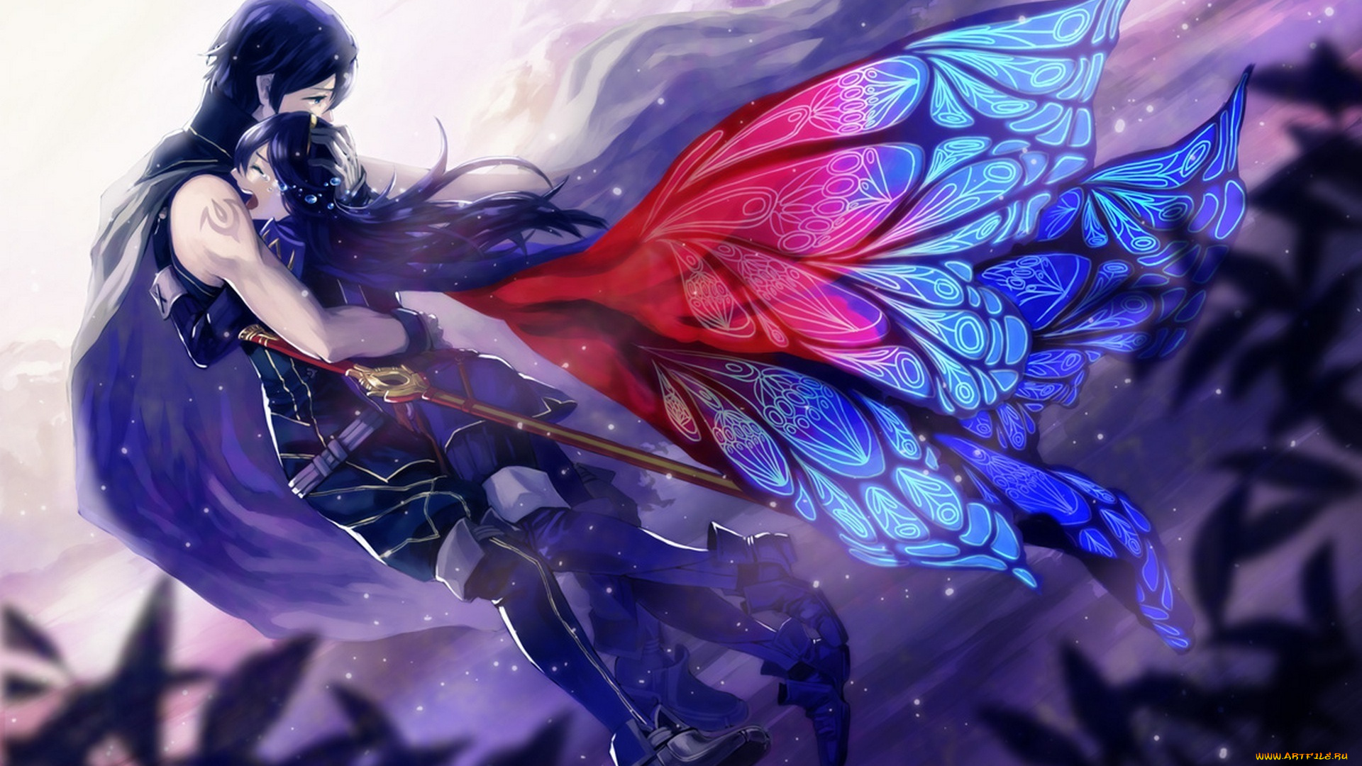 аниме, fire, emblem, меч, девушка, lucina, krom, объятия, крылья, арт, fire, emblem, парень, оружие, слезы