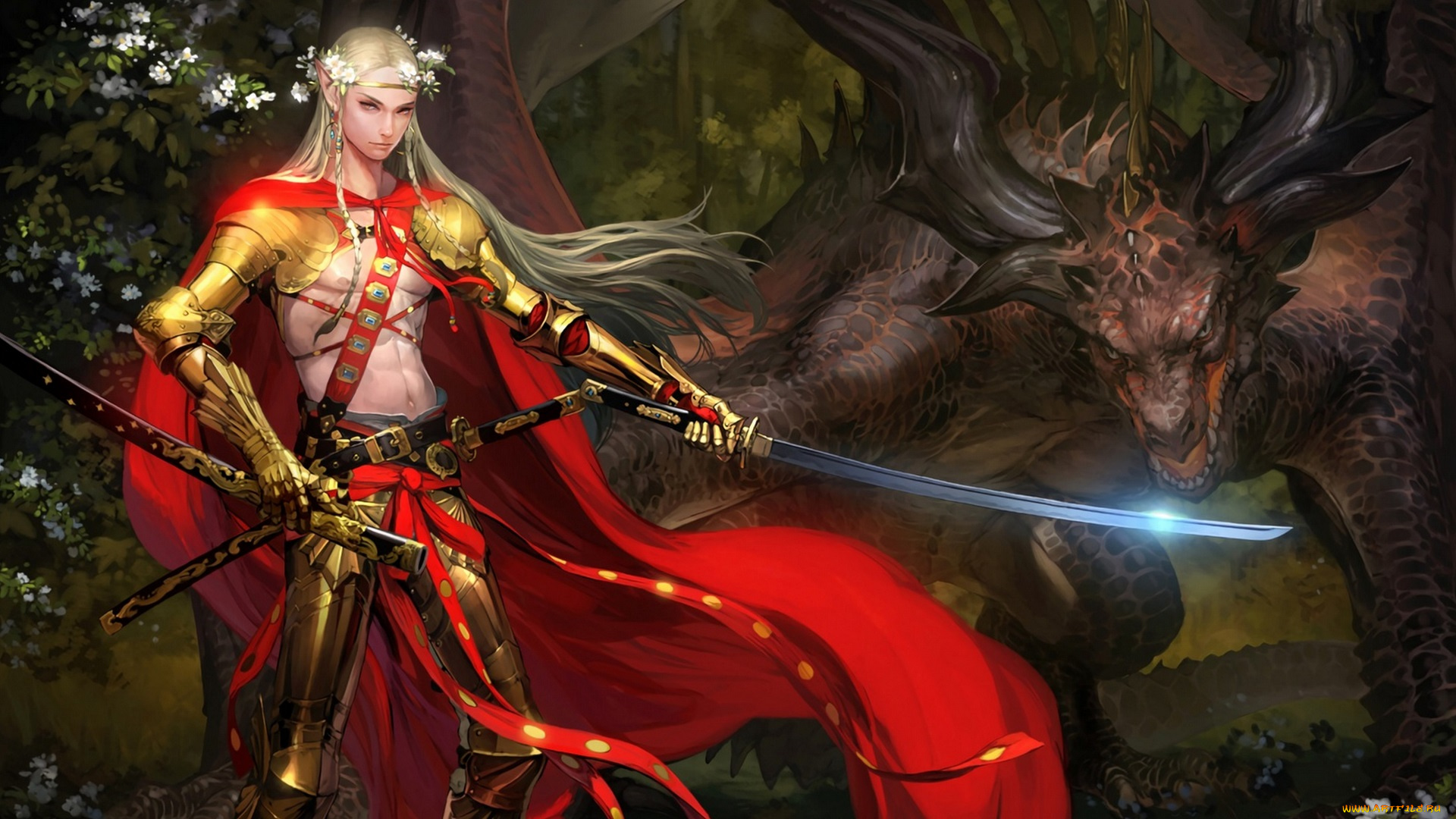 фэнтези, эльфы, меч, парень, дракон, эльф