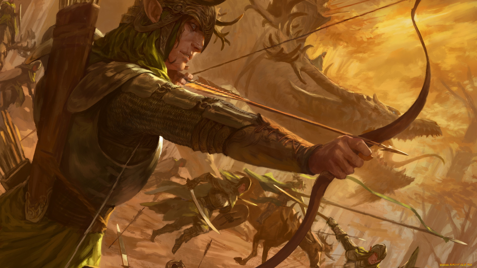 фэнтези, эльфы, воины, атака, лес, дракон