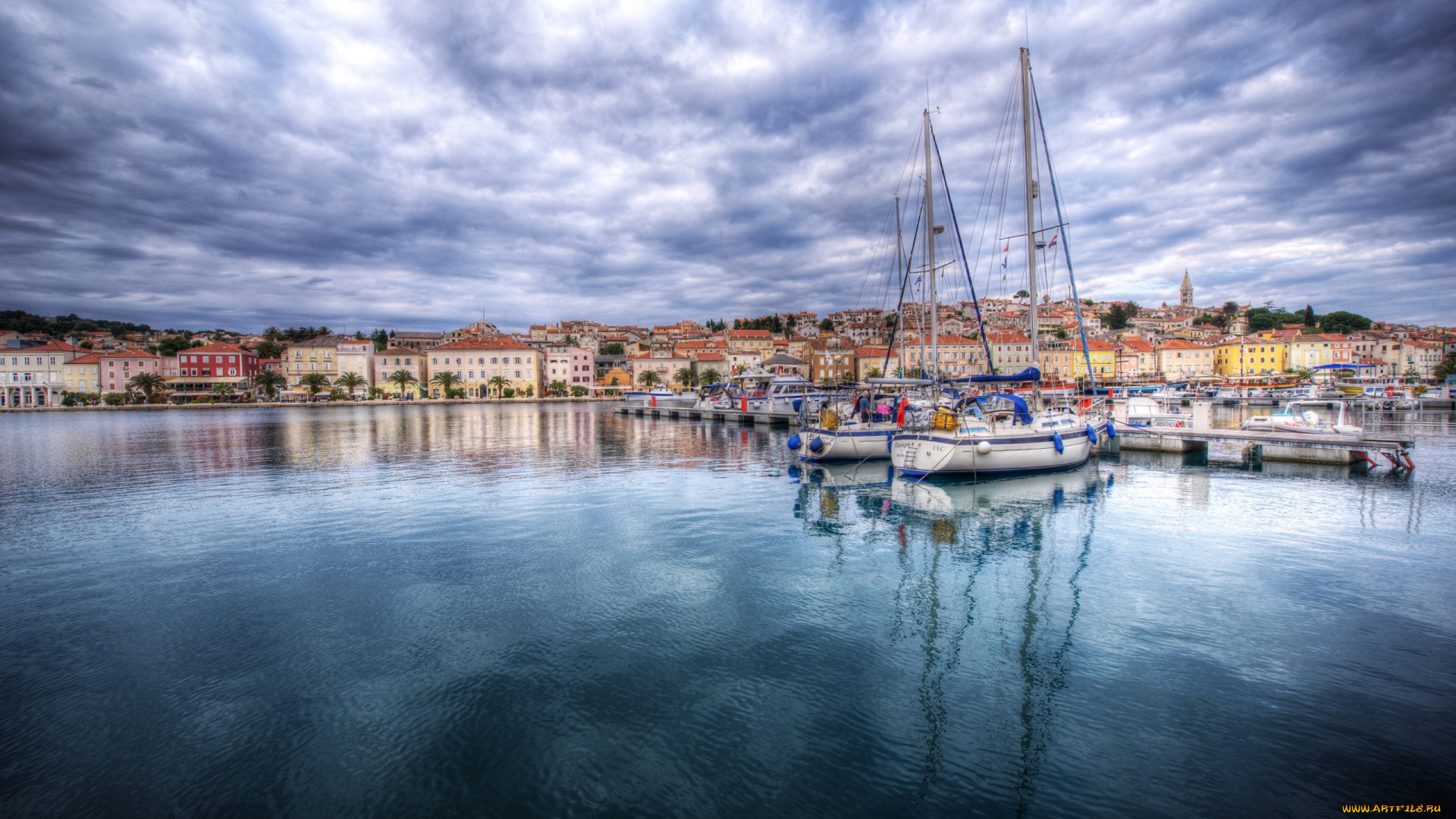корабли, Яхты, тучи, поселок, берег, хорватия, море, яхты