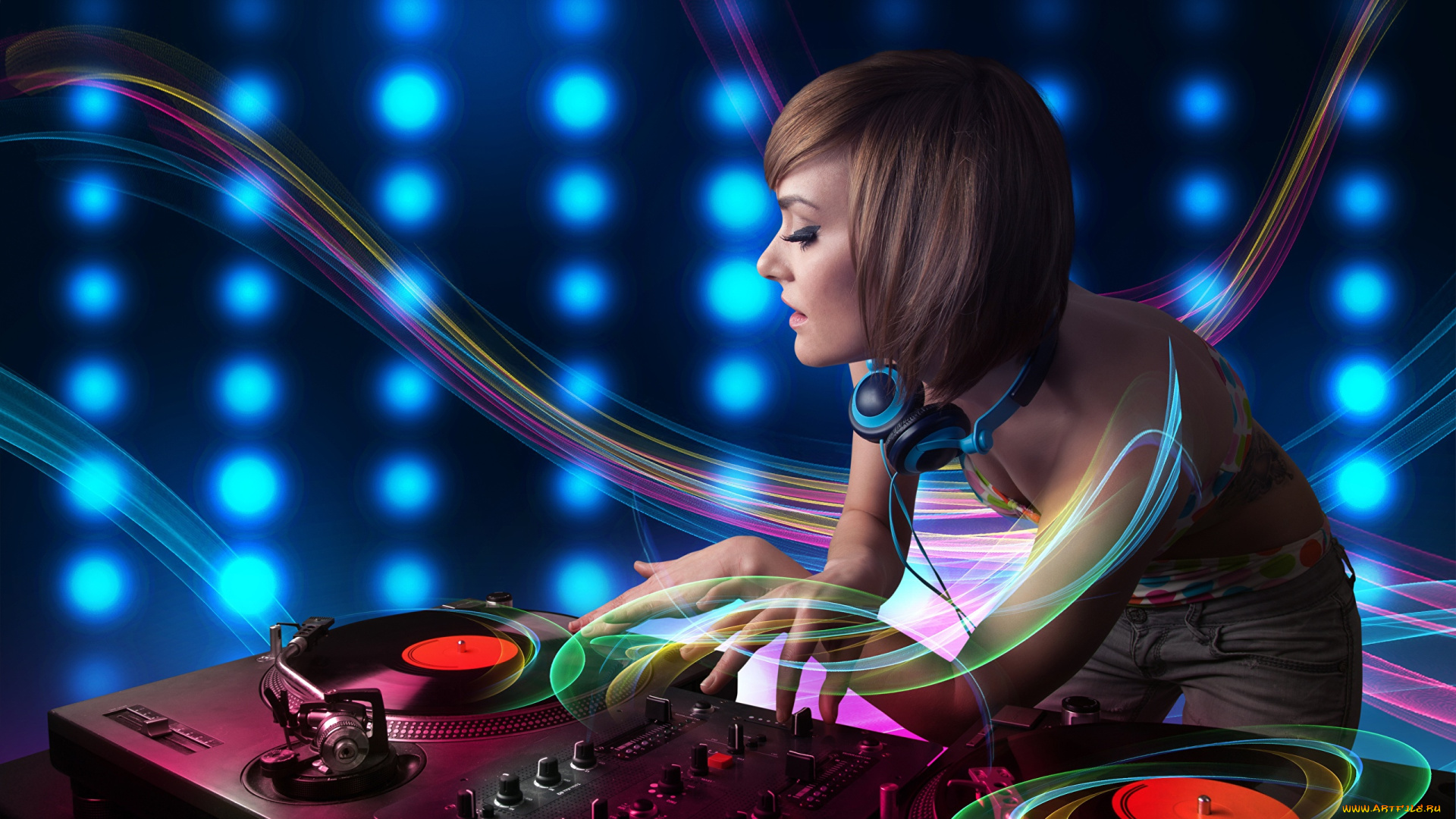 музыка, -другое, пластинка, диджей, наушники, девушка