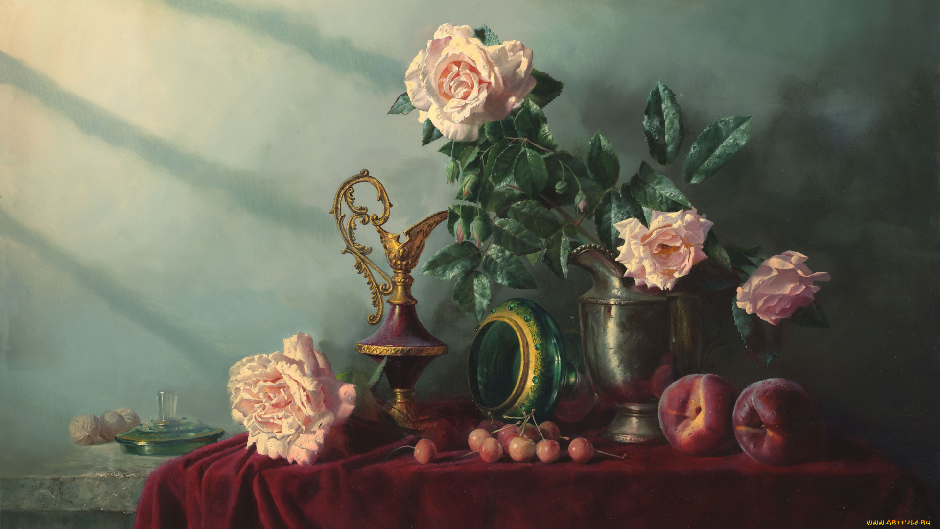 рисованное, алексей, антонов, стол, посуда, розы, персики, черешни