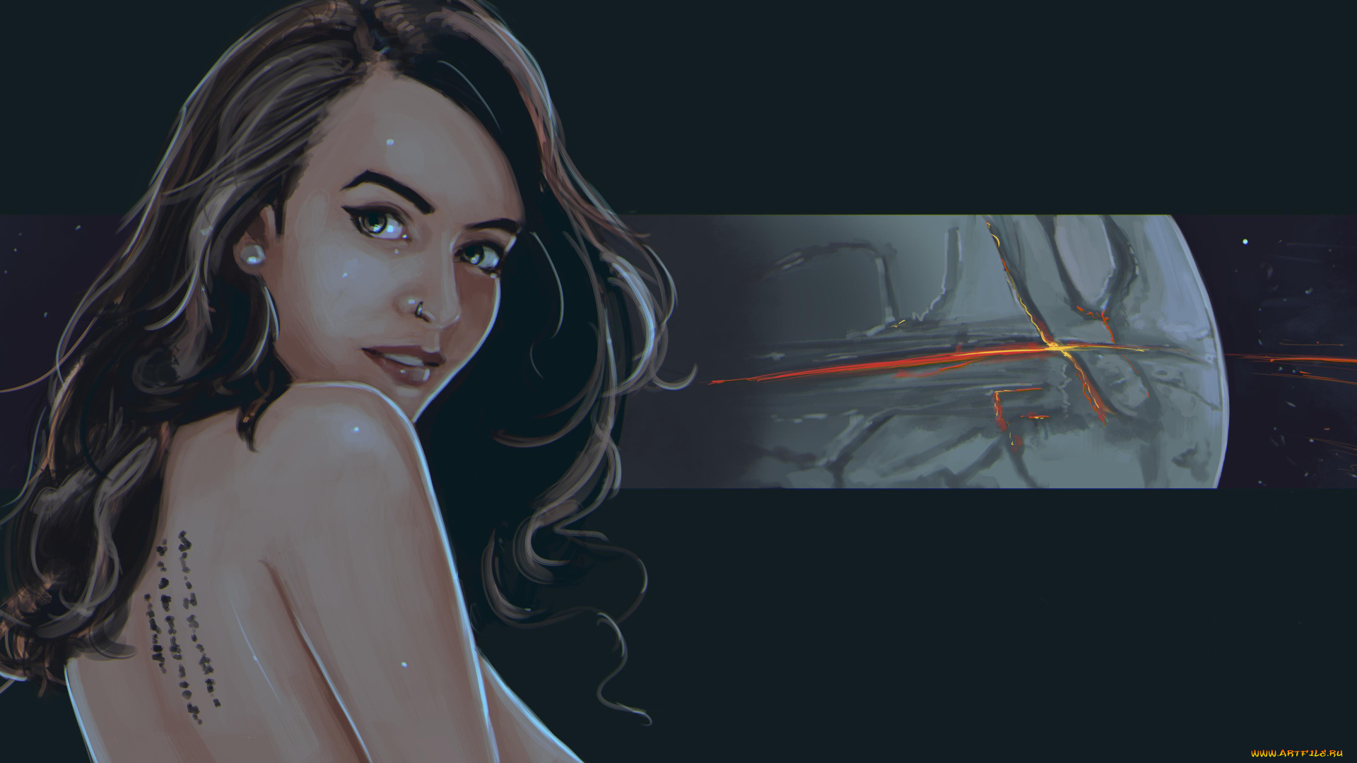 рисованное, люди, девушка, фон, взгляд, тату, пирсинг