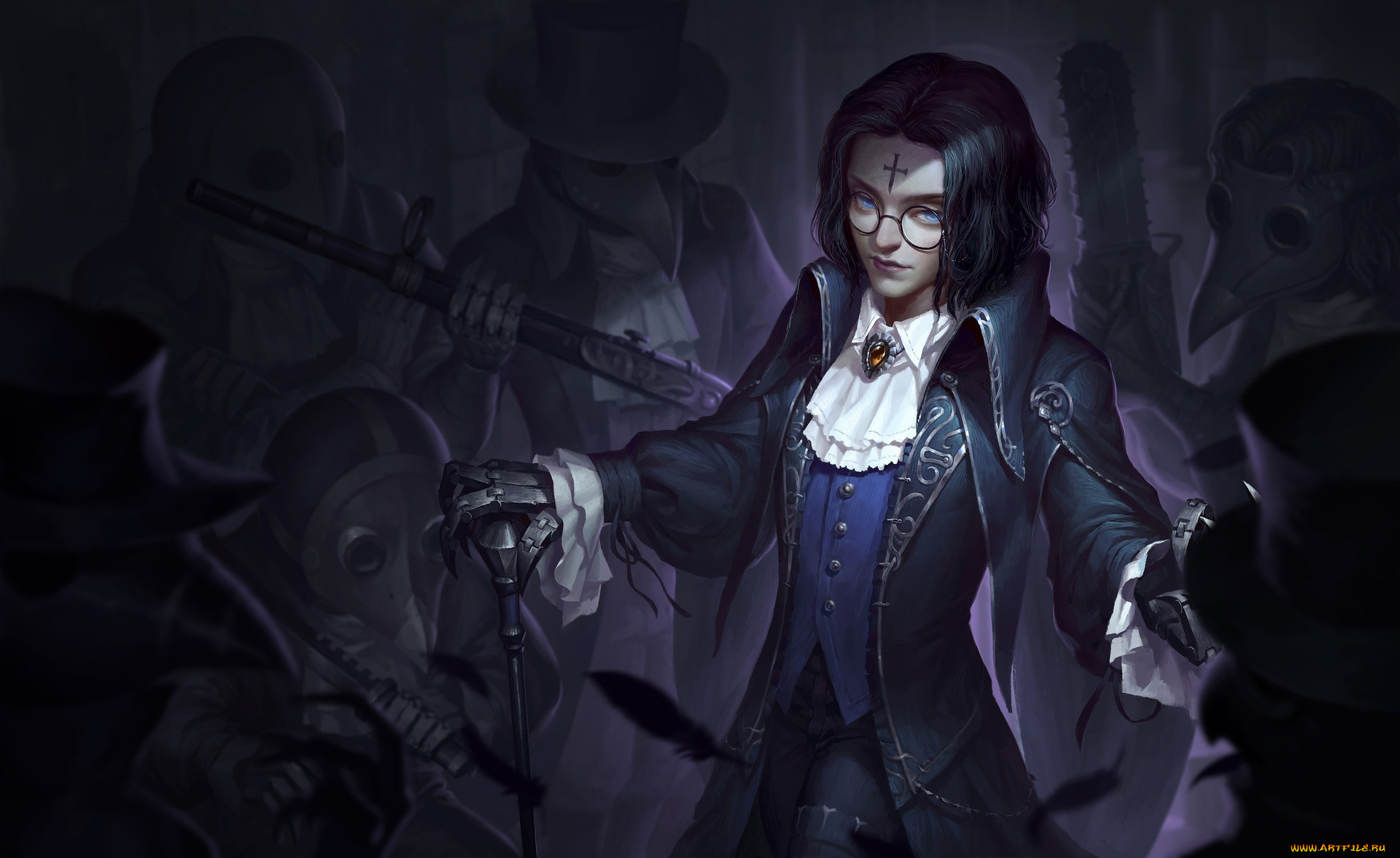 фэнтези, роботы, , киборги, , механизмы, парень, крест, очки, трость, существа, маски