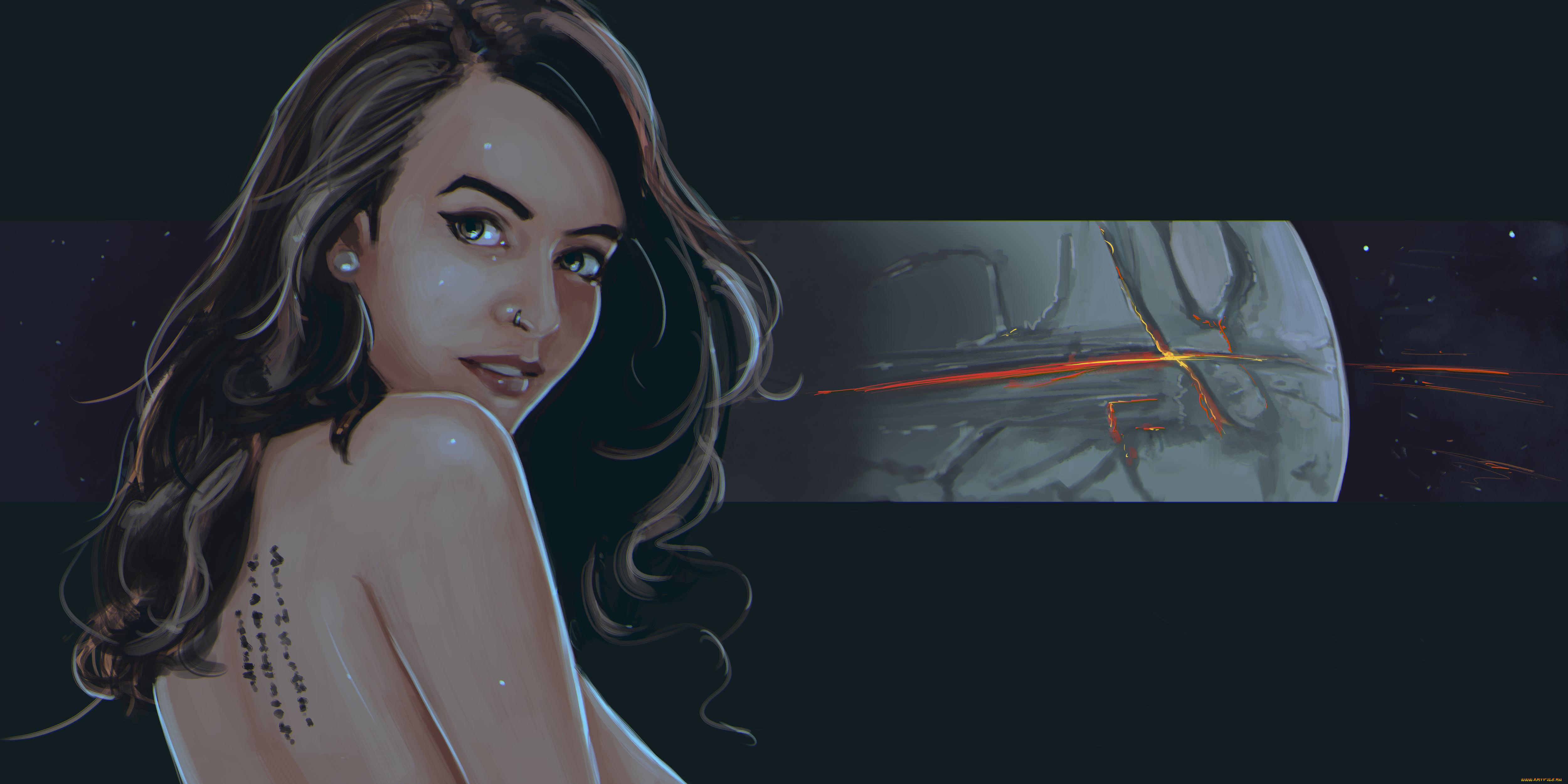 рисованное, люди, девушка, фон, взгляд, тату, пирсинг