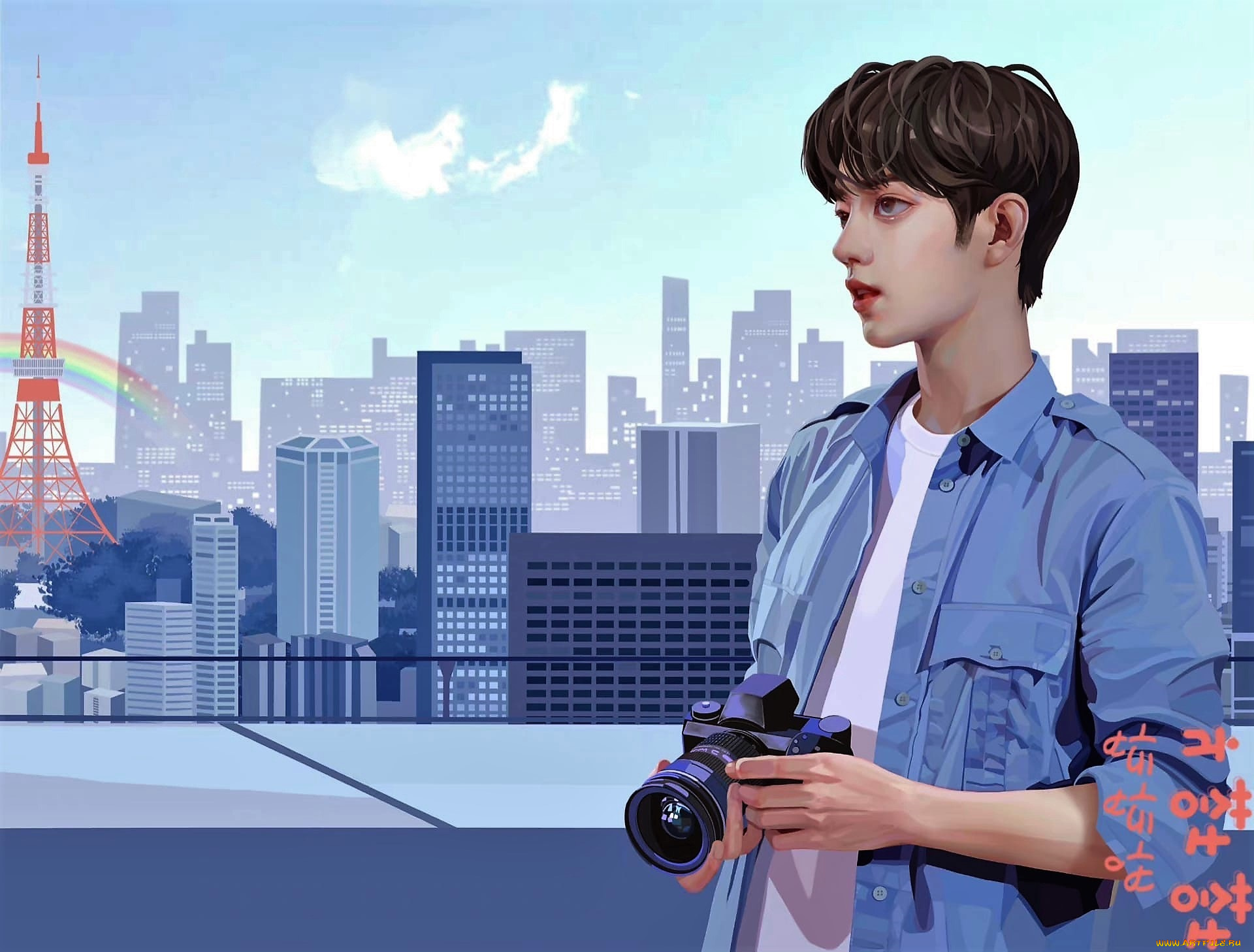 рисованное, люди, сяо, джань, рубашка, фотоаппарат, крыша, город