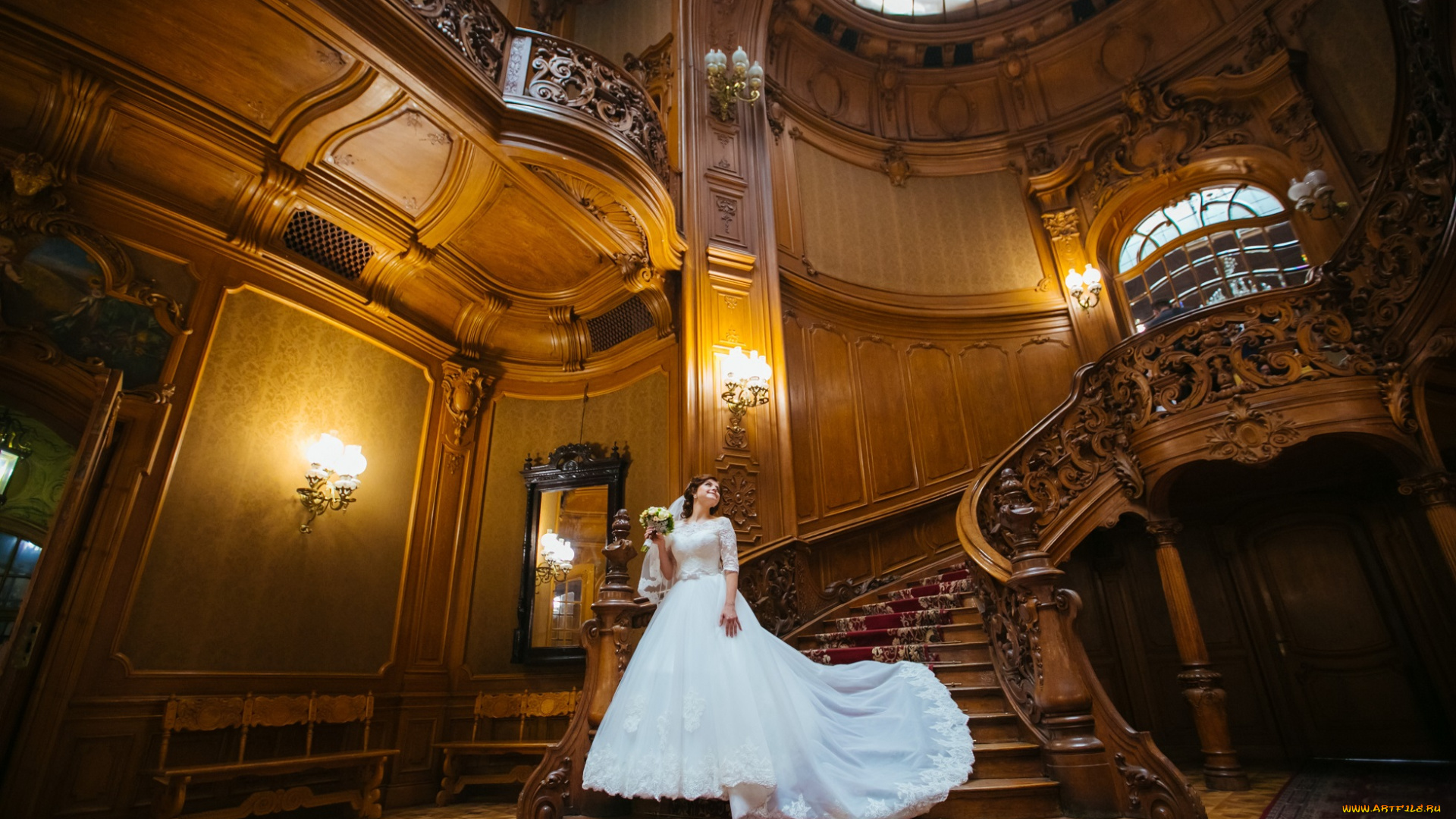 девушки, -, невесты, лестница, невеста, свадебное, платье, букет