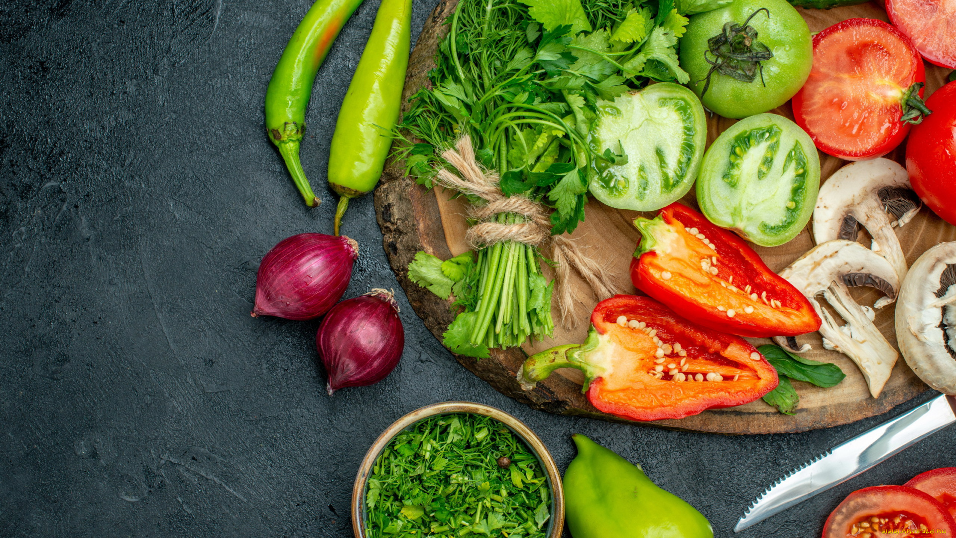 еда, овощи, помидоры, перец, лук, чеснок, зелень