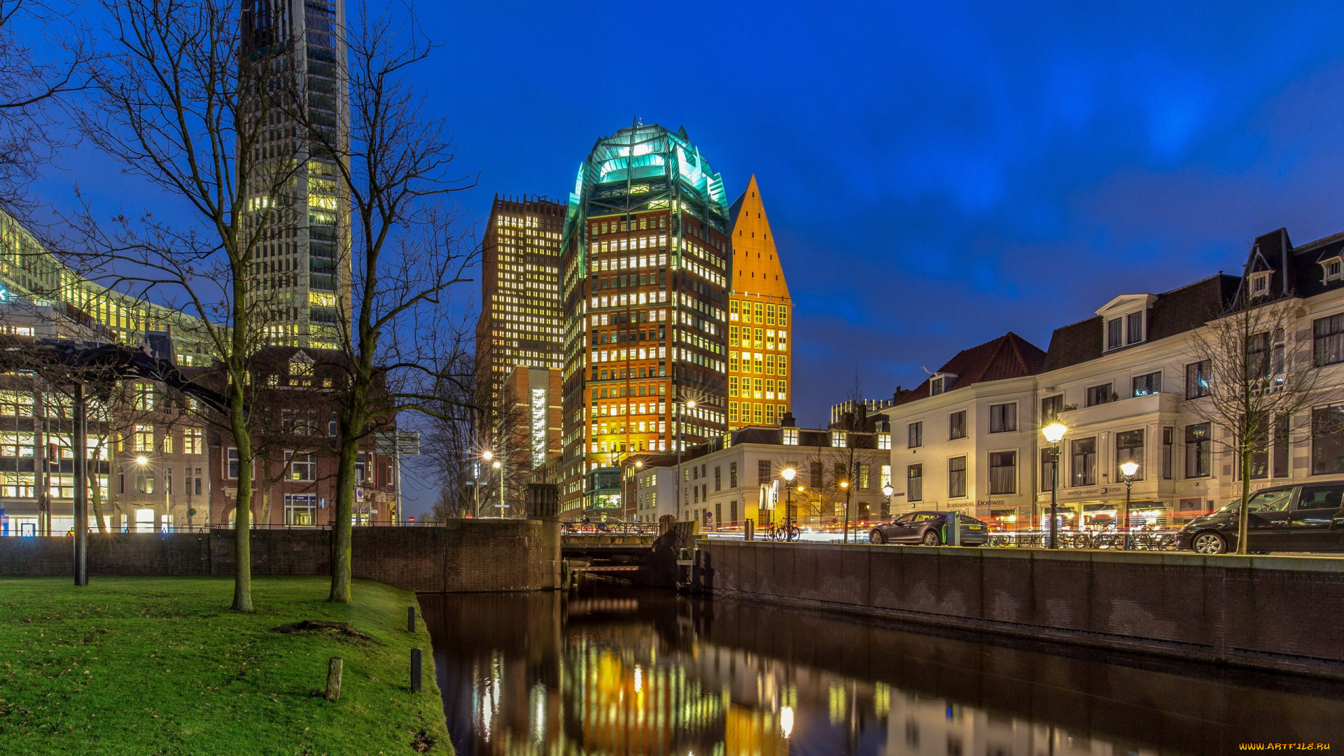 города, гаага, , нидерланды, канал, вечер, огни, дома