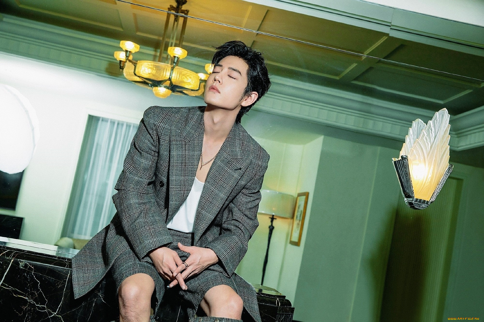 мужчины, xiao, zhan, актер, костюм, колени, светильники