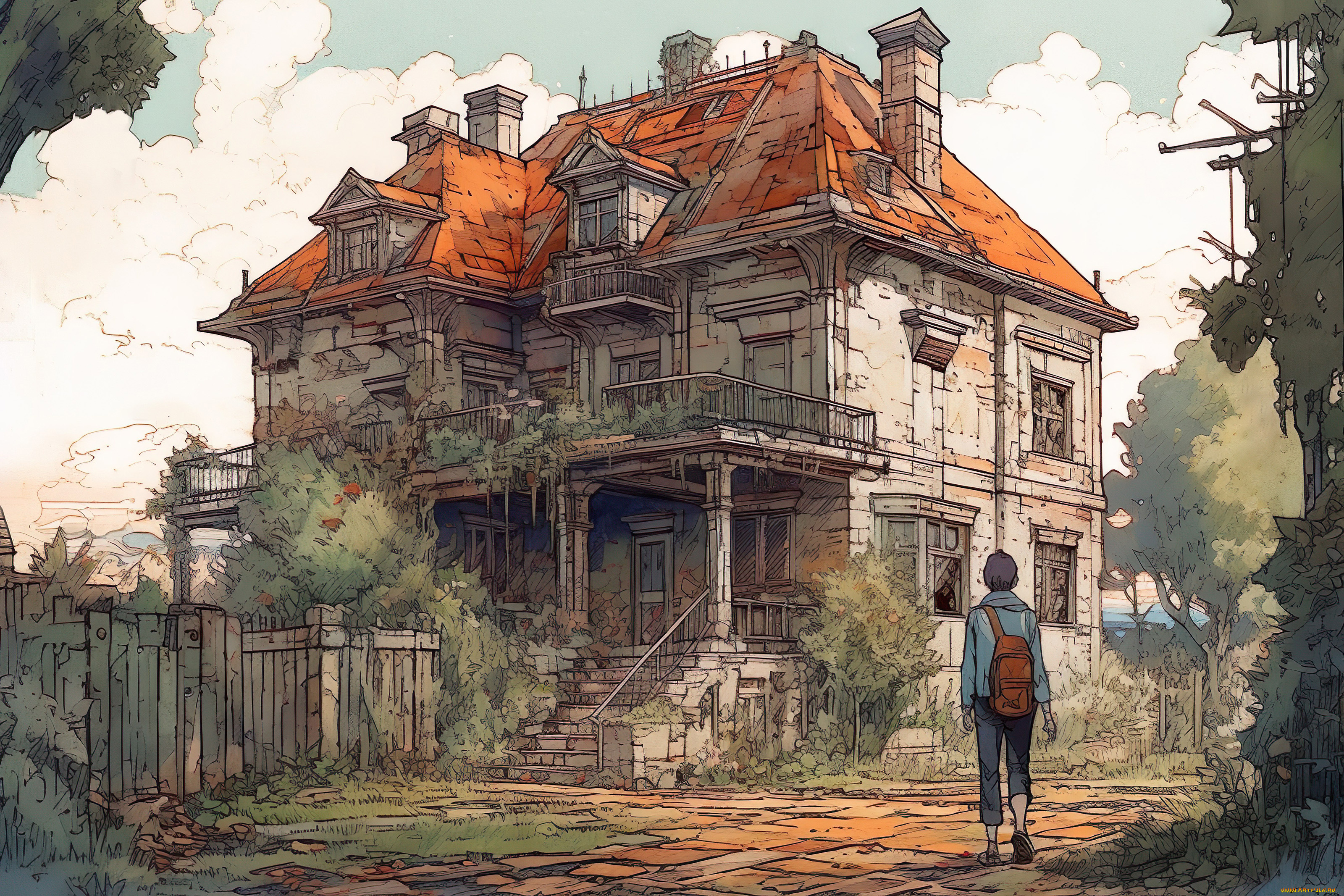 аниме, город, , улицы, , интерьер, , здания, старый, заросший, дом