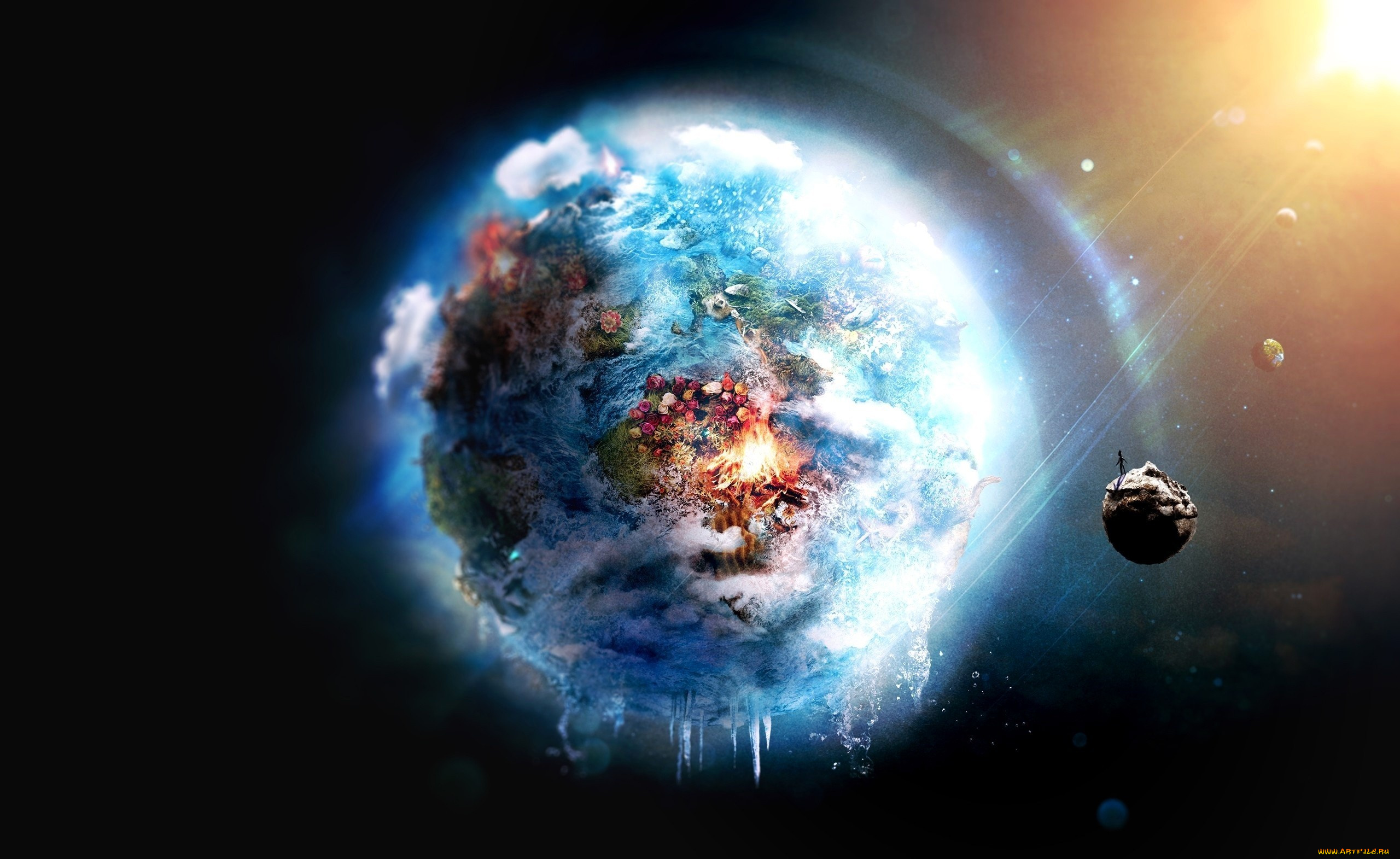разное, компьютерный, дизайн, планета, спутник, облака, цветы