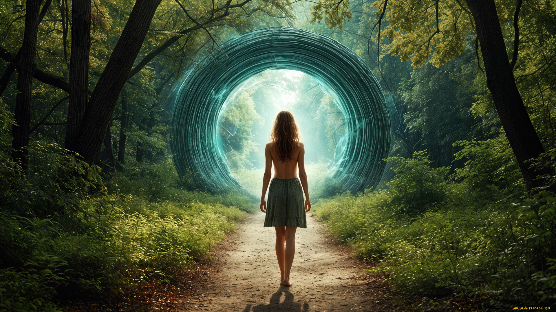 фэнтези, девушки, лес, дорожка, портал, девушка, нейросеть