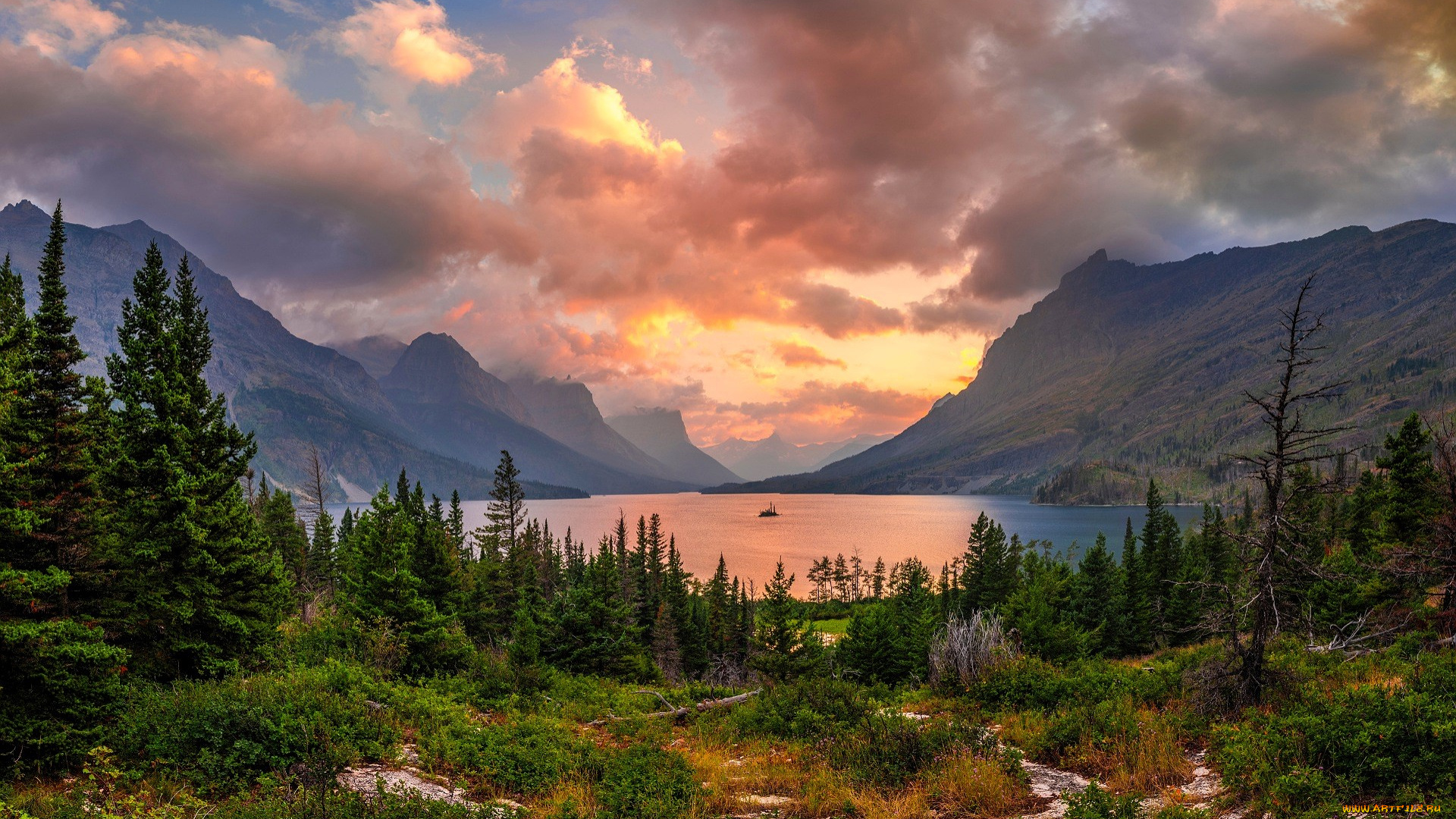 природа, реки, озера, горы, озеро, лес, тропы, небо, облака