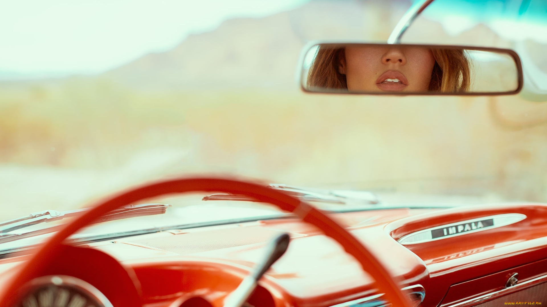 шевроле, автомобили, спидометры, торпедо, импала, салон, зеркало, отражение, девушка, губы