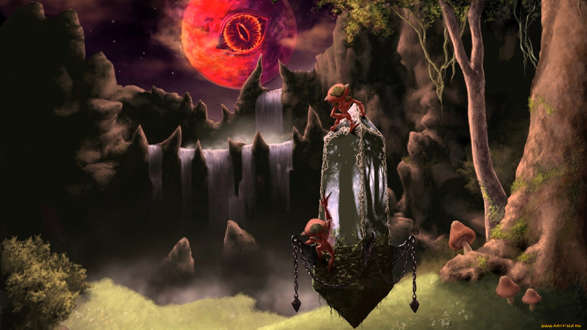 видео, игры, lineage, ii, , the, chaotic, chronicle, луна, глаз, лес, скалы, камни, водопад, существа