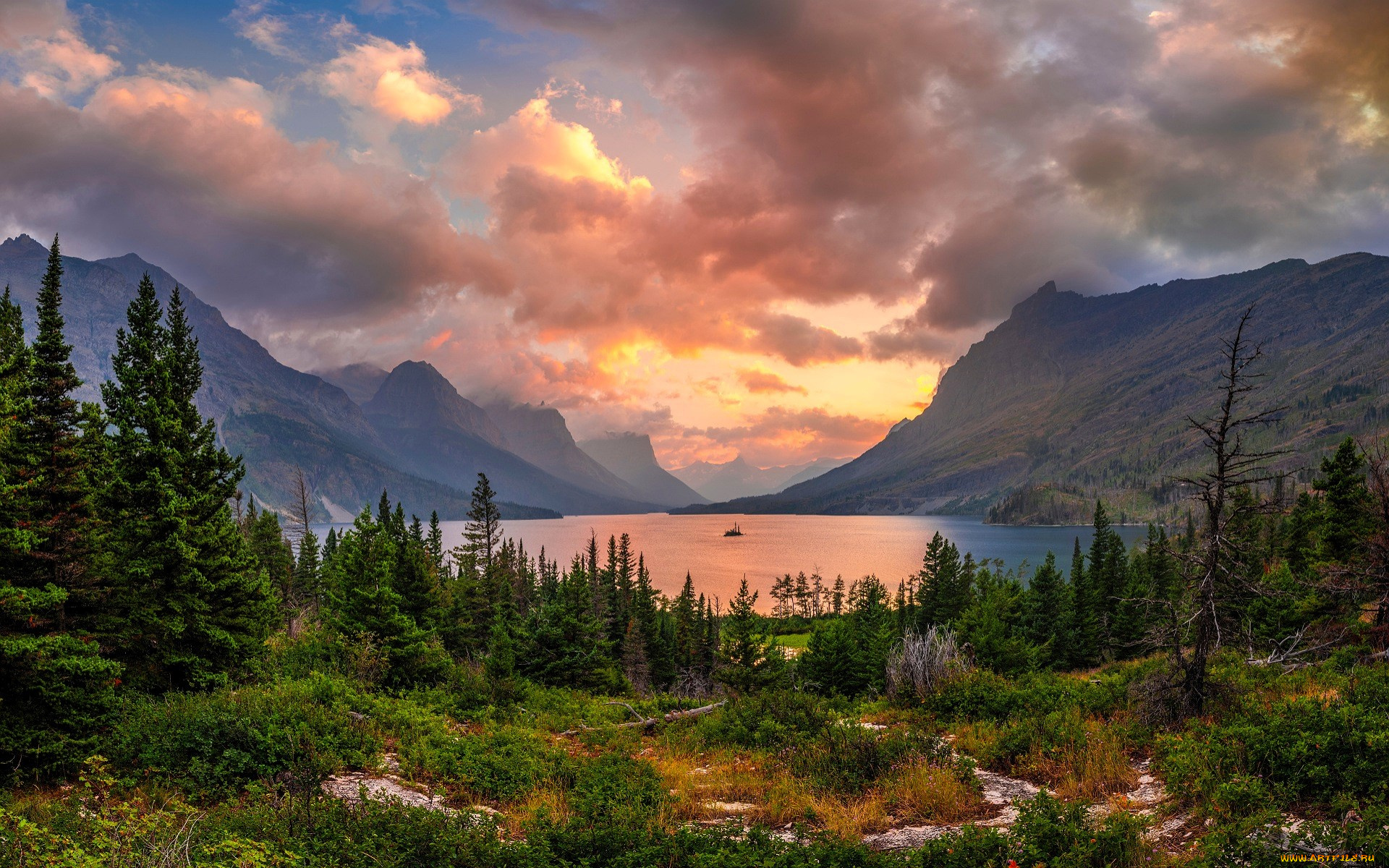 природа, реки, озера, горы, озеро, лес, тропы, небо, облака